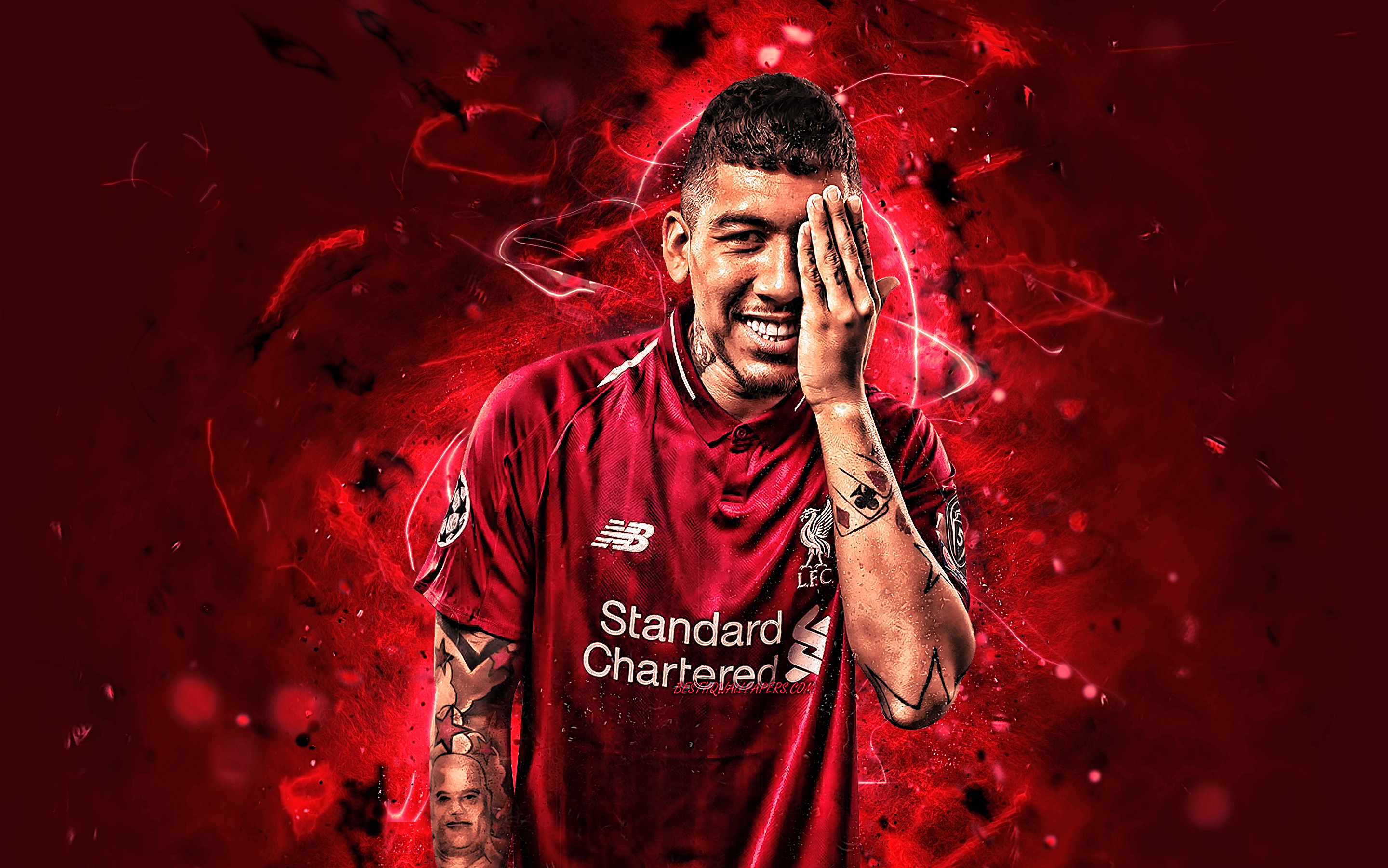 Download wallpaper Roberto Firmino, personal celebration, soccer, Liverpool FC, goal, brazilian footballers, Roberto Firmino Barbosa de Oliveira, Premier League, LFC, football, neon lights, England for desktop with resolution 2880x1800. High Quality HD