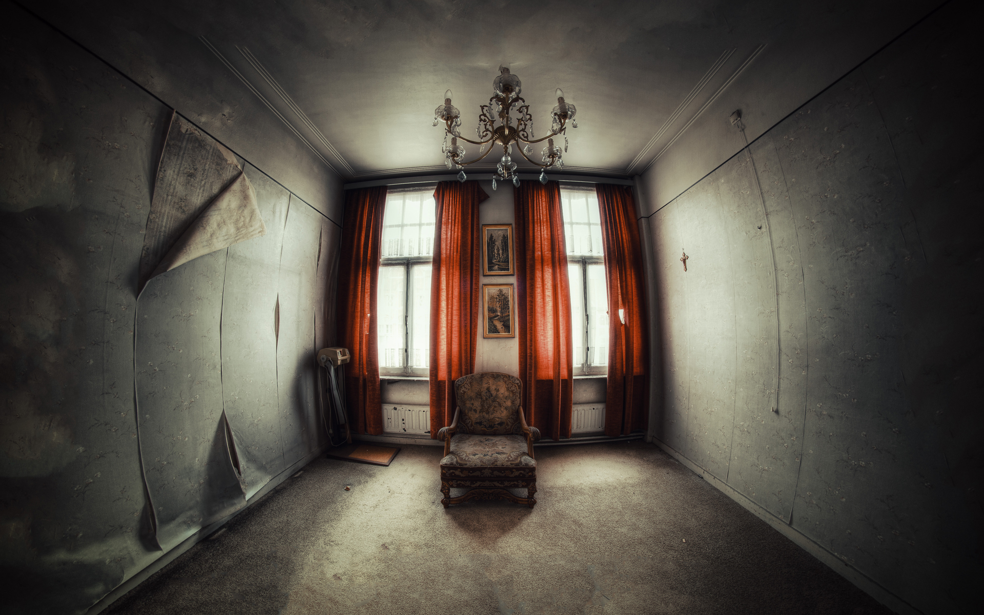 Gothic drak horror scary spooky creepy furniture window drapes chair mood chandelier light sunlight urban decay ruin abandonment wallpaperx1200