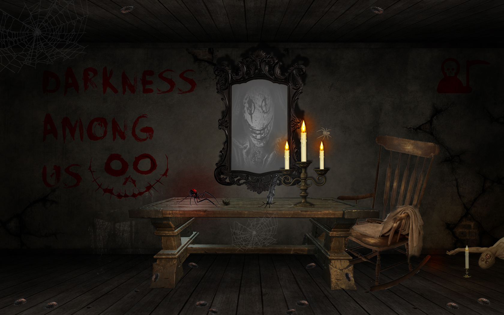Wallpaper, Dead by Daylight, blood, creepy, chair, candles, table, horror, dead man, mirror, the widow spider, dark, room, web design 1680x1050
