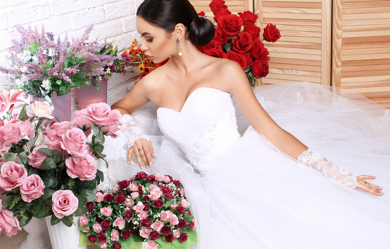 Wallpaper flowers, pose, roses, makeup, dress, brunette, hairstyle, the bride, in white, bouquets image for desktop, section девушки