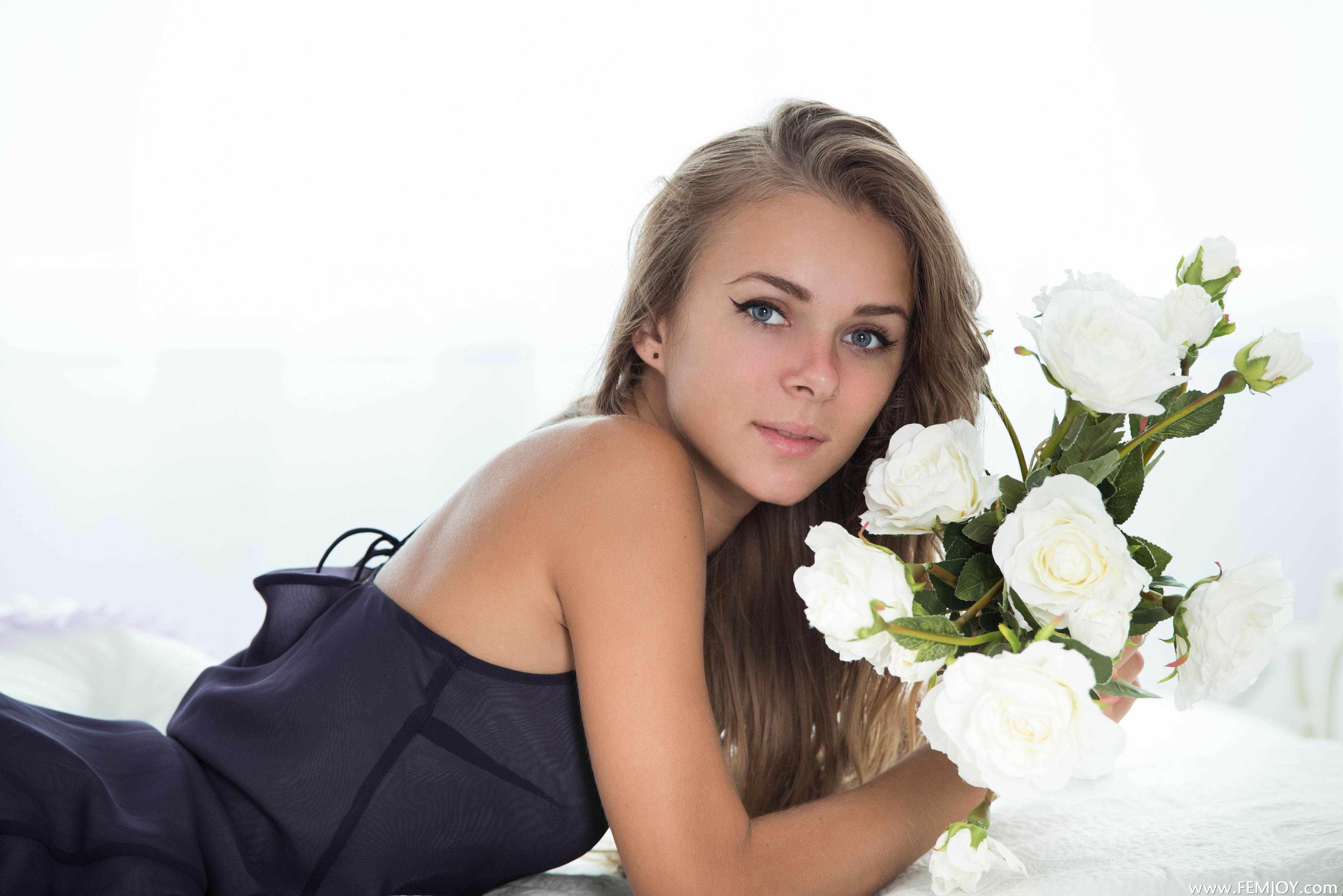 Wallpaper, women, model, blonde, flowers, long hair, blue eyes, looking at viewer, white background, black hair, see through clothing, wedding dress, Person, Femjoy Magazine, Dana P, beauty, woman, bride, hairstyle, gown