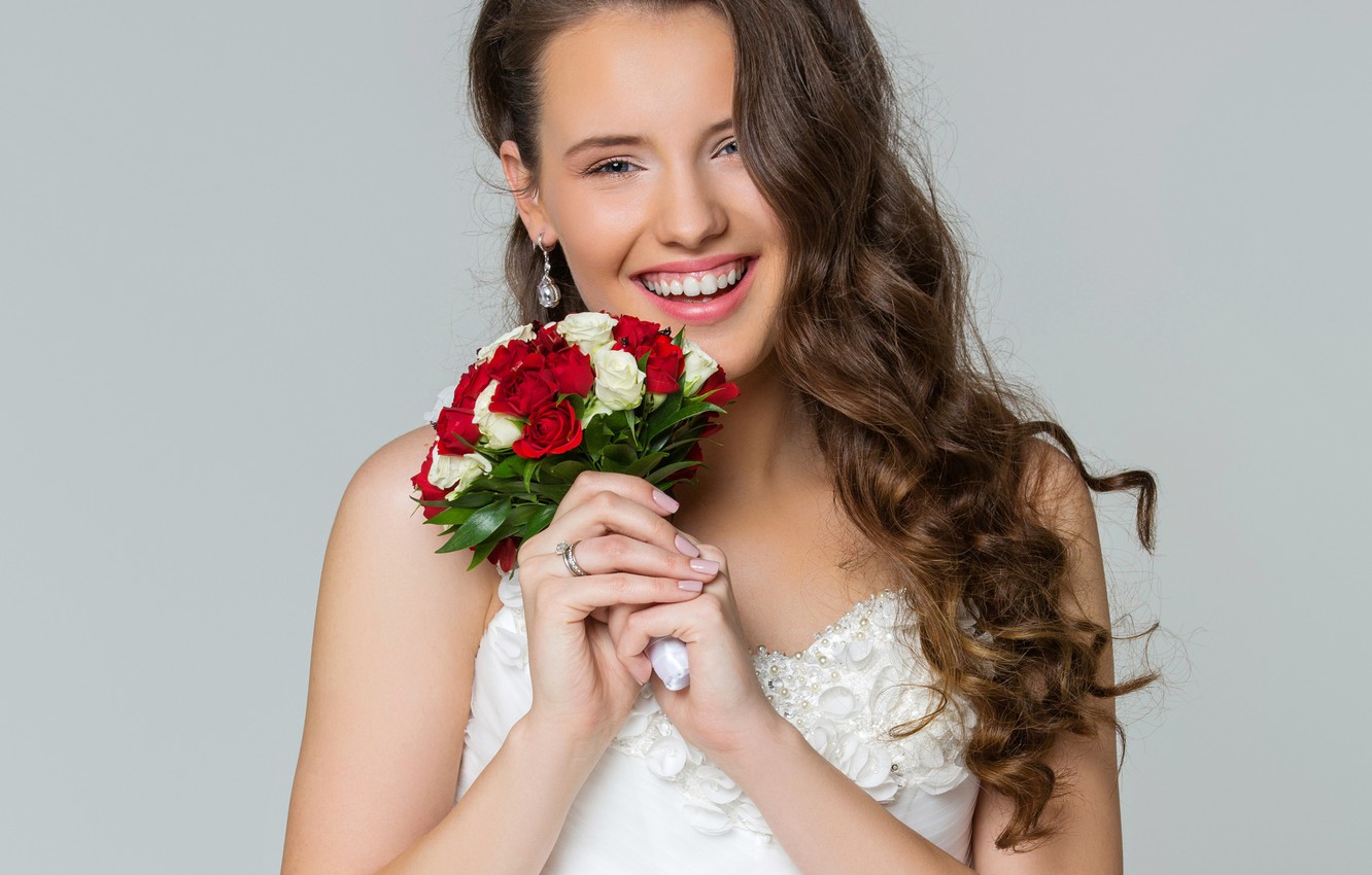 Wallpaper joy, happiness, flowers, smile, background, portrait, bouquet, makeup, dress, hairstyle, brown hair, the bride, in white image for desktop, section девушки