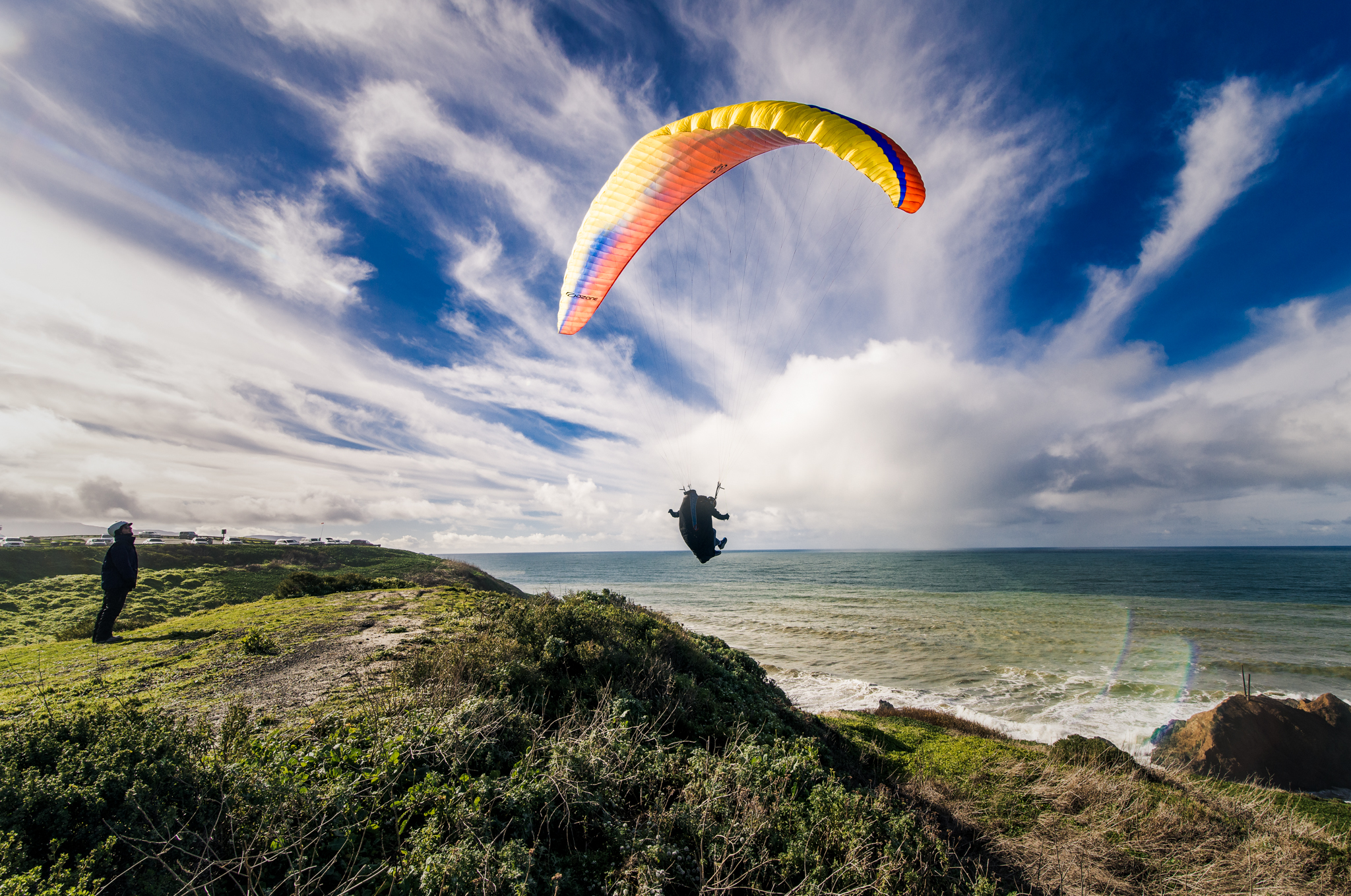 Wallpaper, beautiful, explore, landscape, outdoor, adventure, Earth, light, nature, travel, paraglide, parasail, ocean, sea, beach, cliff, jump, Fly, glide, sail, blue, color, colorful, bright, natural, backlit, Sun, clouds, horizon, cloud 2048x1359