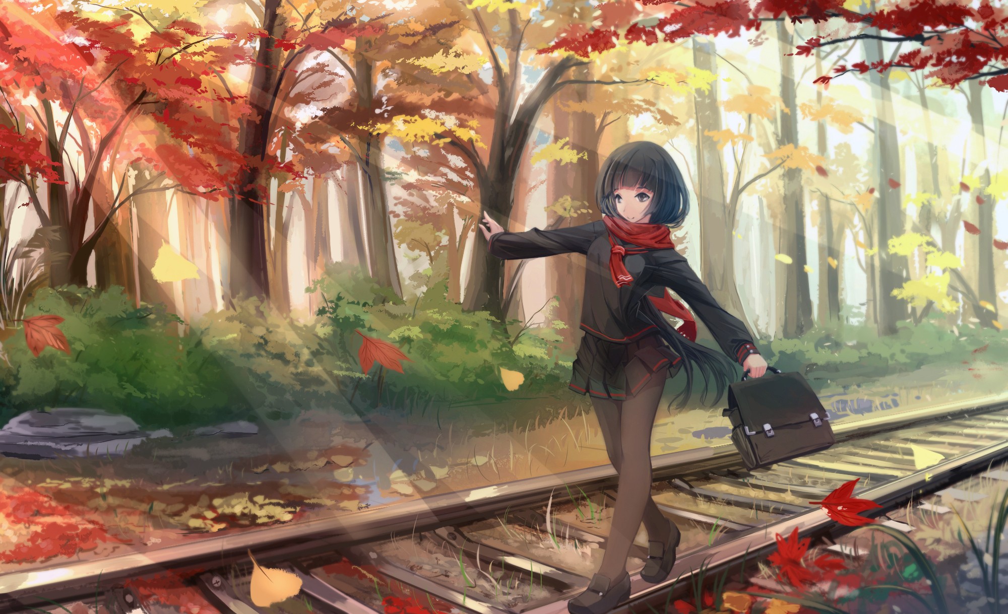 #scarf, #leaves, #pantyhose, #original characters, #long hair, #fall, #railway, #anime girls, #trees, #school uniform, #black hair, wallpaper. Mocah HD Wallpaper