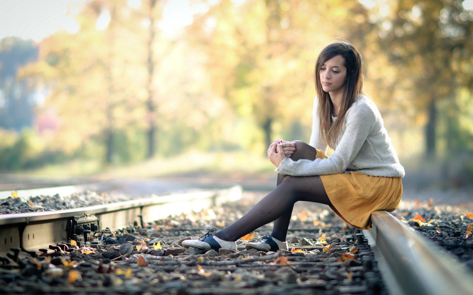 Wallpaper Girl sit on railroad, autumn, bokeh 1920x1200 HD Picture, Image