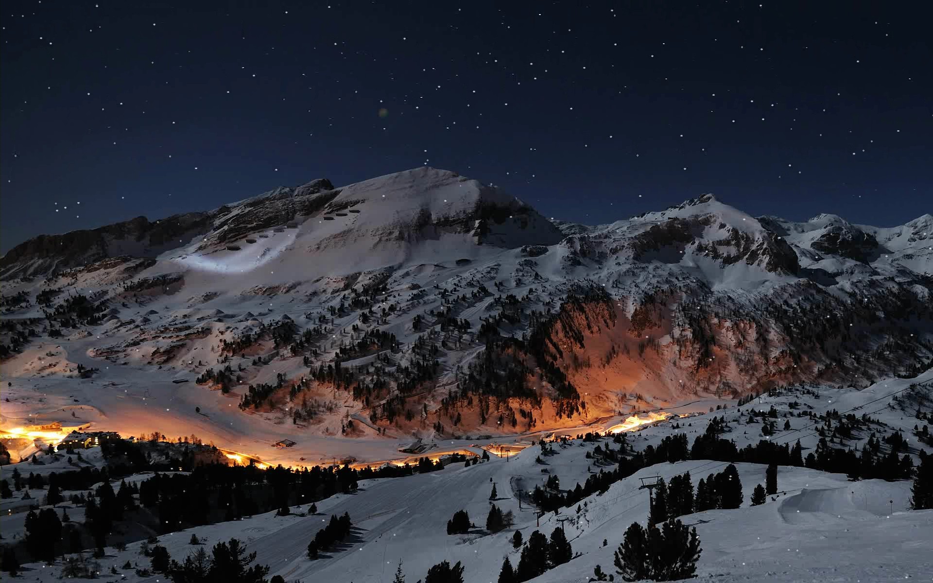 Wallpaper, landscape, lights, mountains, night, nature, snow, village, Switzerland, Alps, weather, season, piste, mountainous landforms, geological phenomenon, mountain range, winter sport 1920x1200