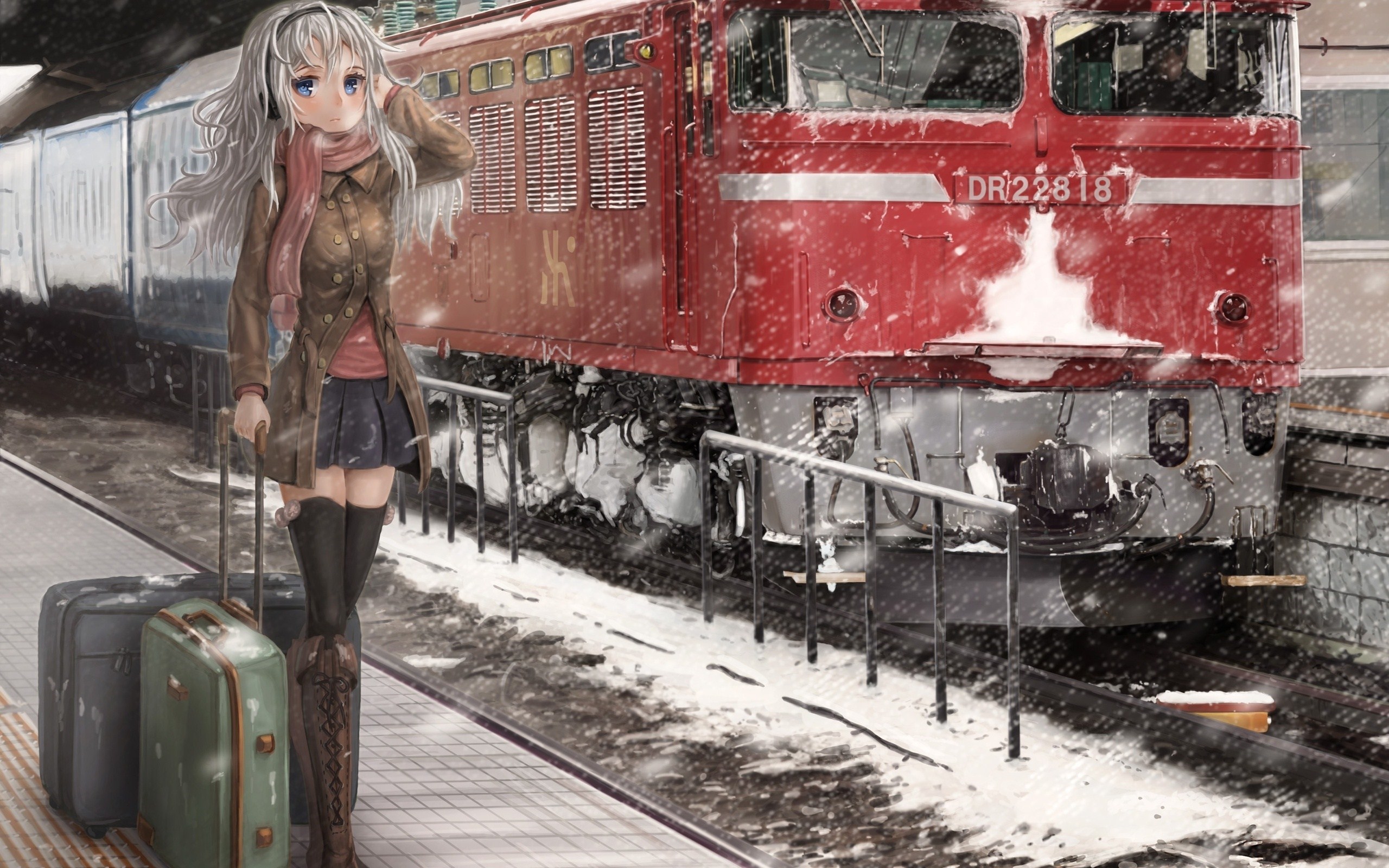 Lovely Anime Girl Winter Train Art wallpaperx1600