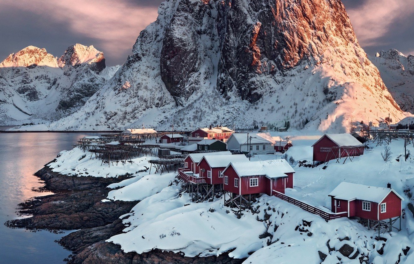 Wallpaper snow, mountains, village, Norway, sunset, water, village, Norway, Hamnoy image for desktop, section природа