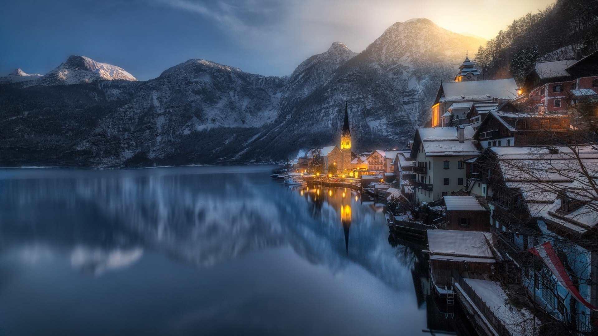 Download 1920x1080 Lake, Reflection, Village, Mountain, Light, Winter Wallpaper for Widescreen