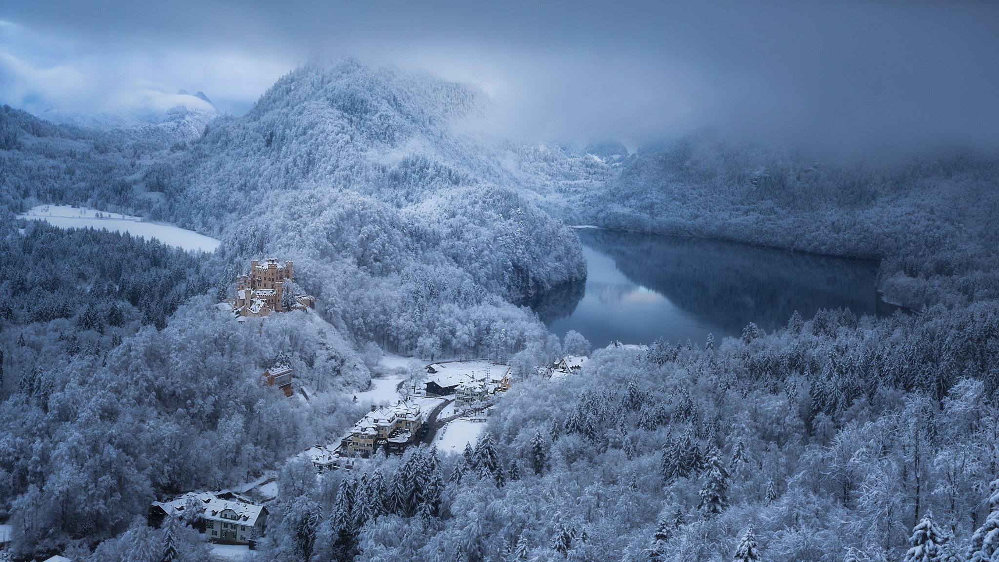 Wallpaper, 2048x1152 px, architecture, building, castle, clouds, cold, daylight, forest, Germany, lake, landscape, morning, mountain, nature, snow, village, winter 2048x1152