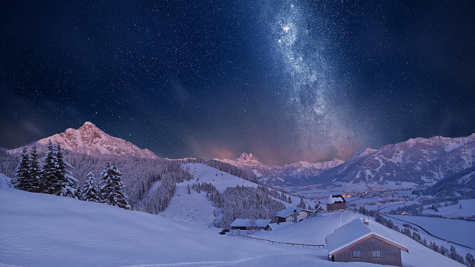 Milky Way Sky over Winter Village HD Wallpaper