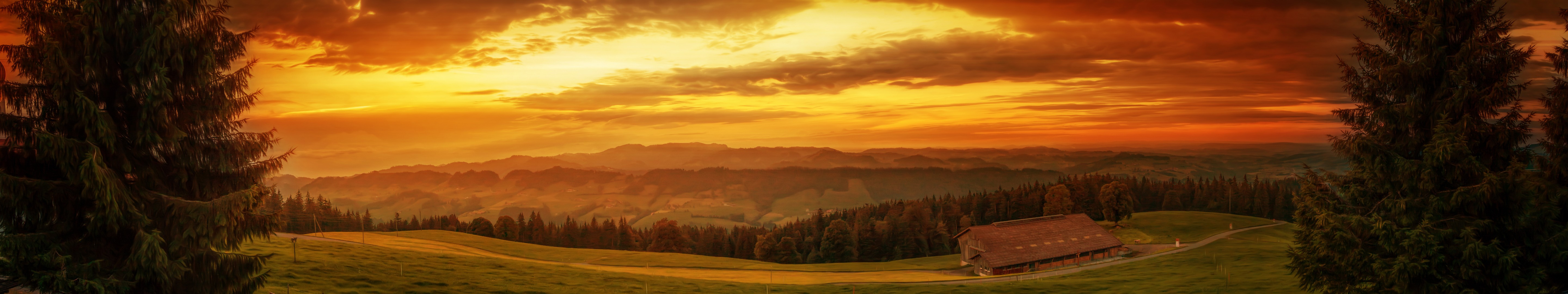 Wallpaper, 5760x1080 px, bench, fence, gold, green, hills, house, hut, panorama, road, sky, sunset, trees 5760x1080