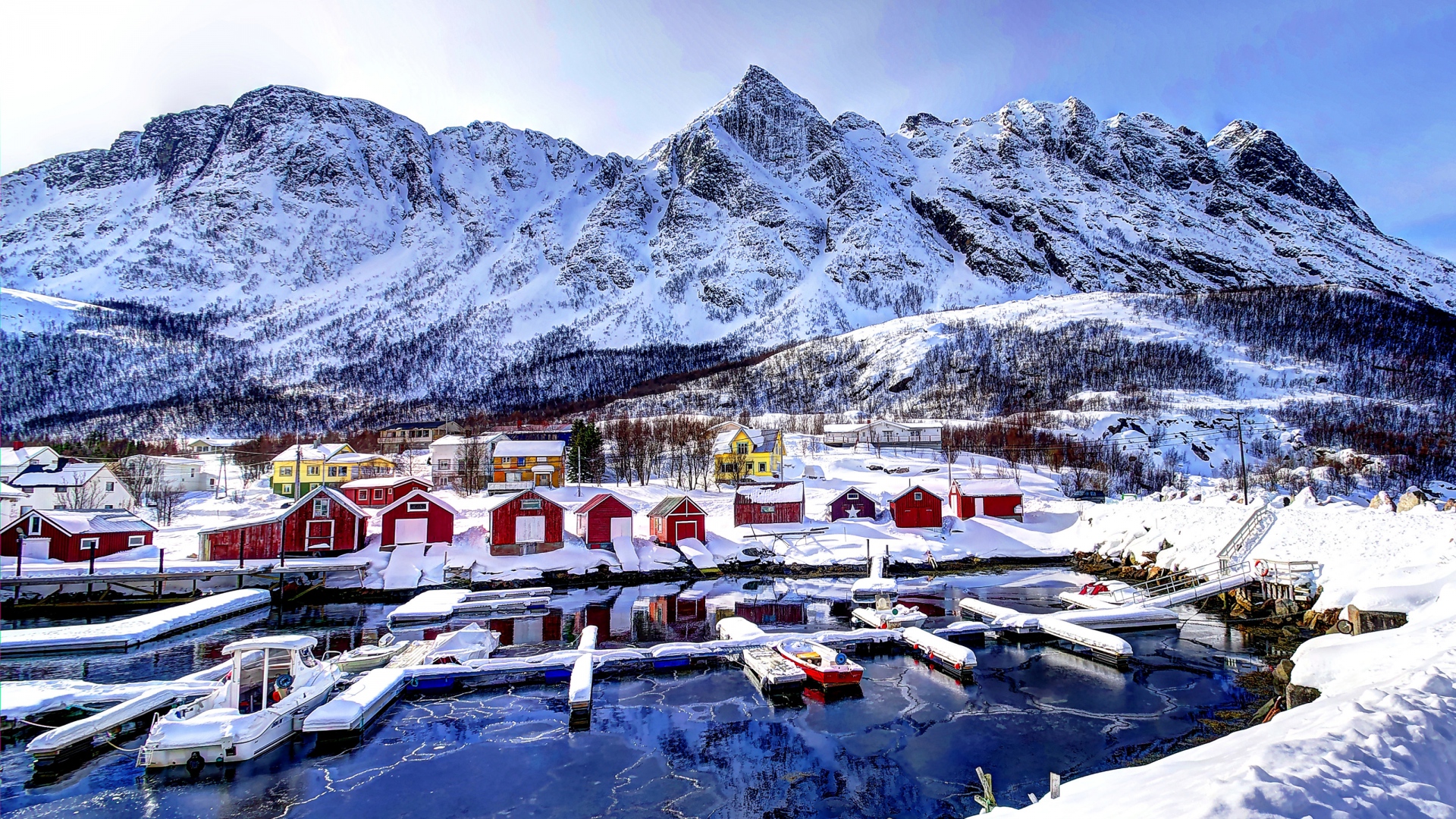 Download 1920x1080 HD Wallpaper norway village aerial view mountain winter, Desktop Background HD
