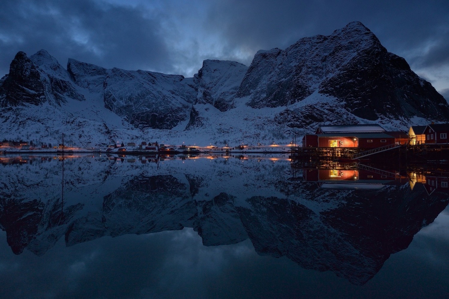 Wallpaper, 1500x1000 px, calm, cold, lake, landscape, lights, mountains, nature, photography, reflection, snow, village, winter 1500x1000