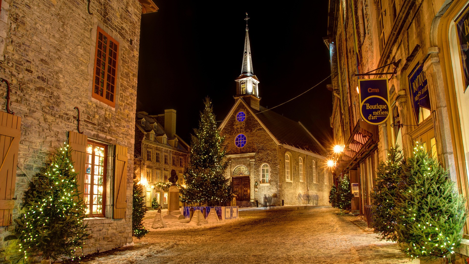 #house, #city, #lights, #snow, #Christianity, #Quebec, #night, #history, #trees, #street, #Christmas, #window, #Canada, #long exposure, #building, #architecture, #old building, #church, #tower, #town, #winter, # Christmas Tree, #christmas lights