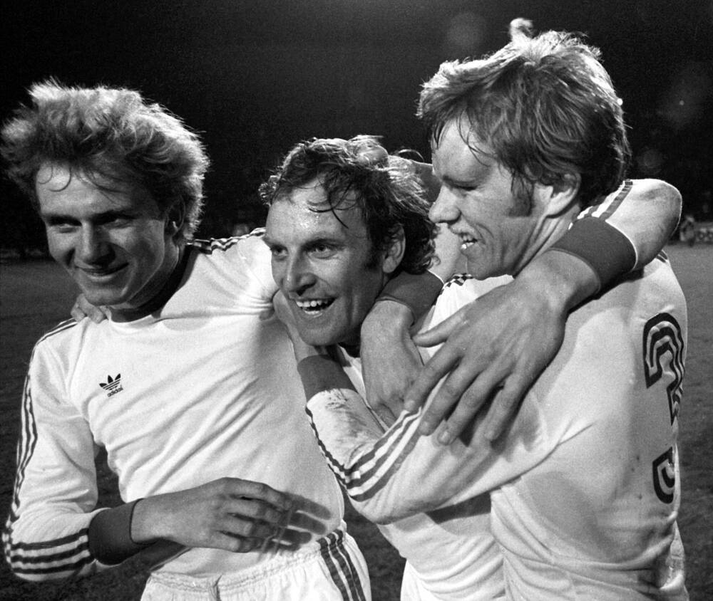 Franz Roth Karl Heinz Rummenigge and Udo Horsmann cheer together