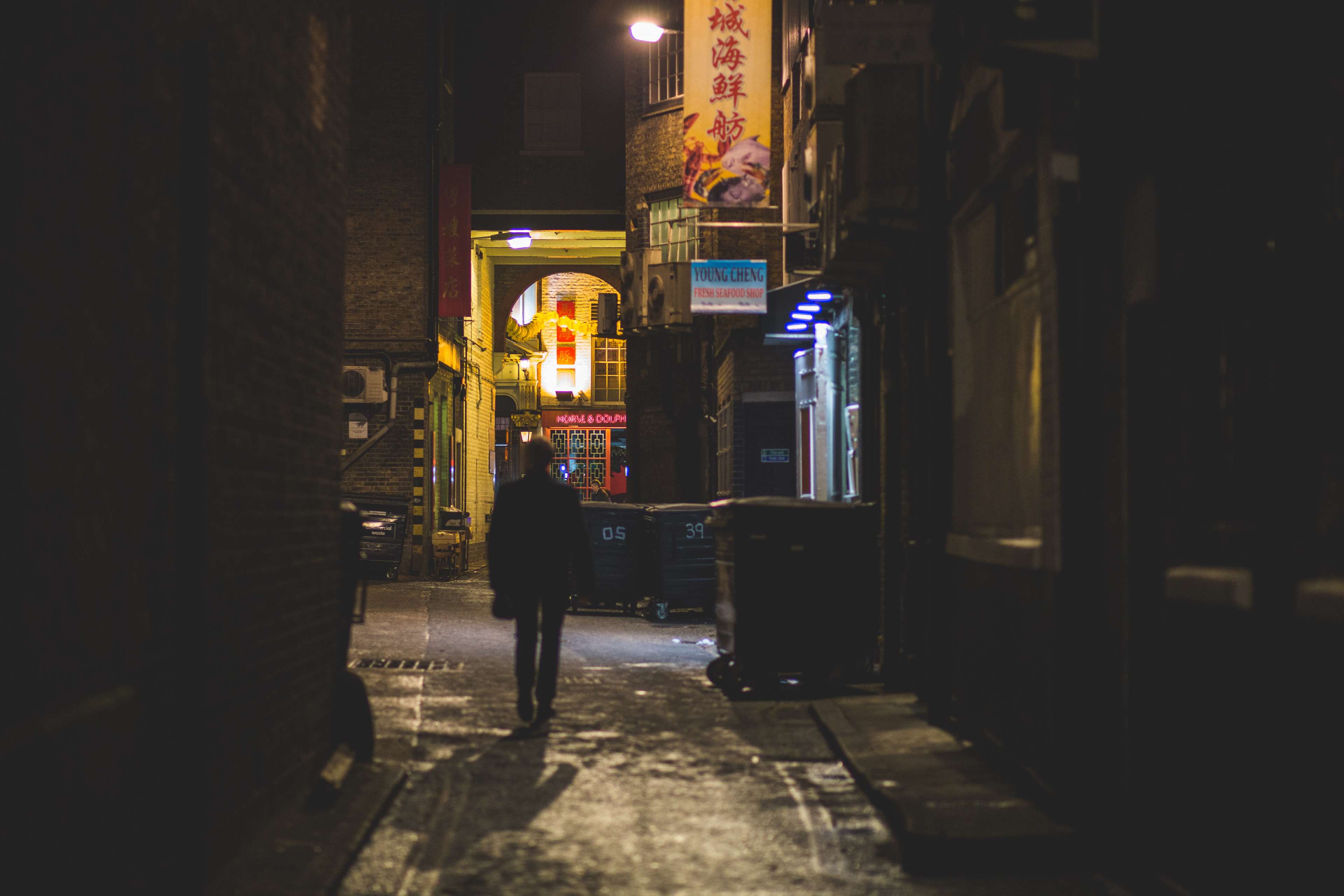 chinatown, city, man walking away, night, night walk, walking 4k wallpaper