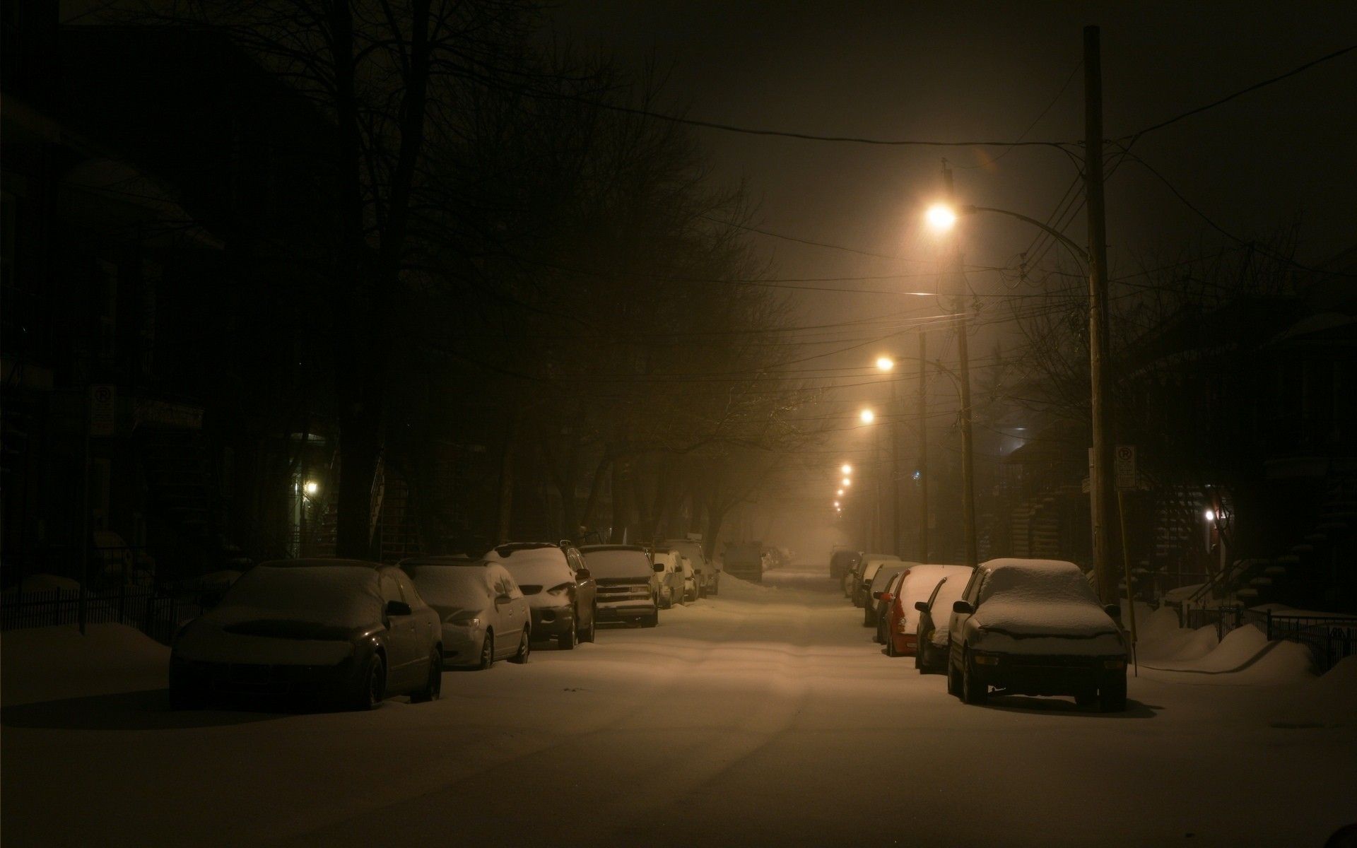 Snow Covered Montreal Street At Night HD (1920×1200). Winter Image, Street Cars, Free Desktop Wallpaper