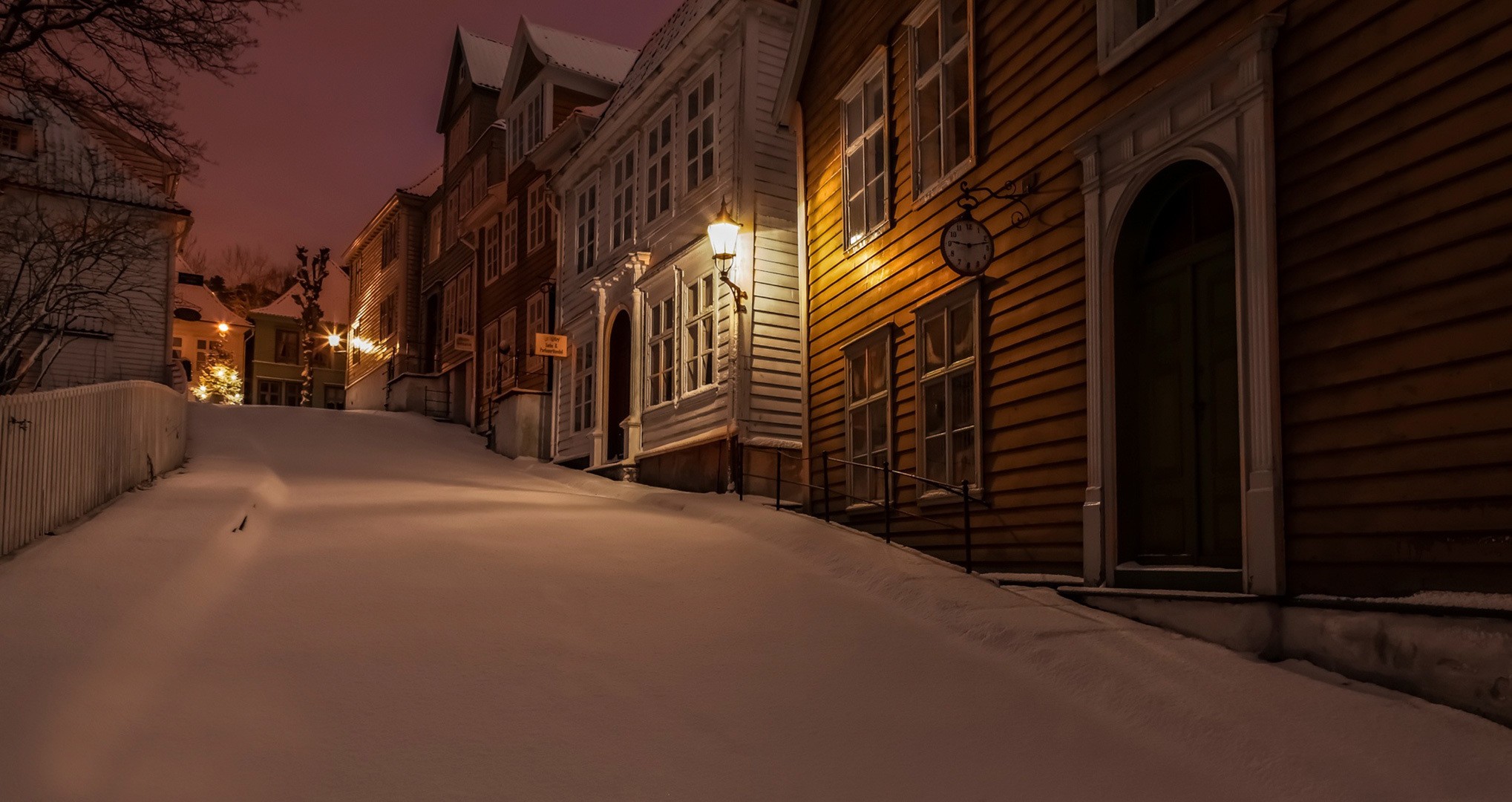 Wallpaper, trees, landscape, lights, street, night, nature, snow, winter, house, hills, Norway, evening, town, fence, light, weather, season, alley, blizzard 2037x1080