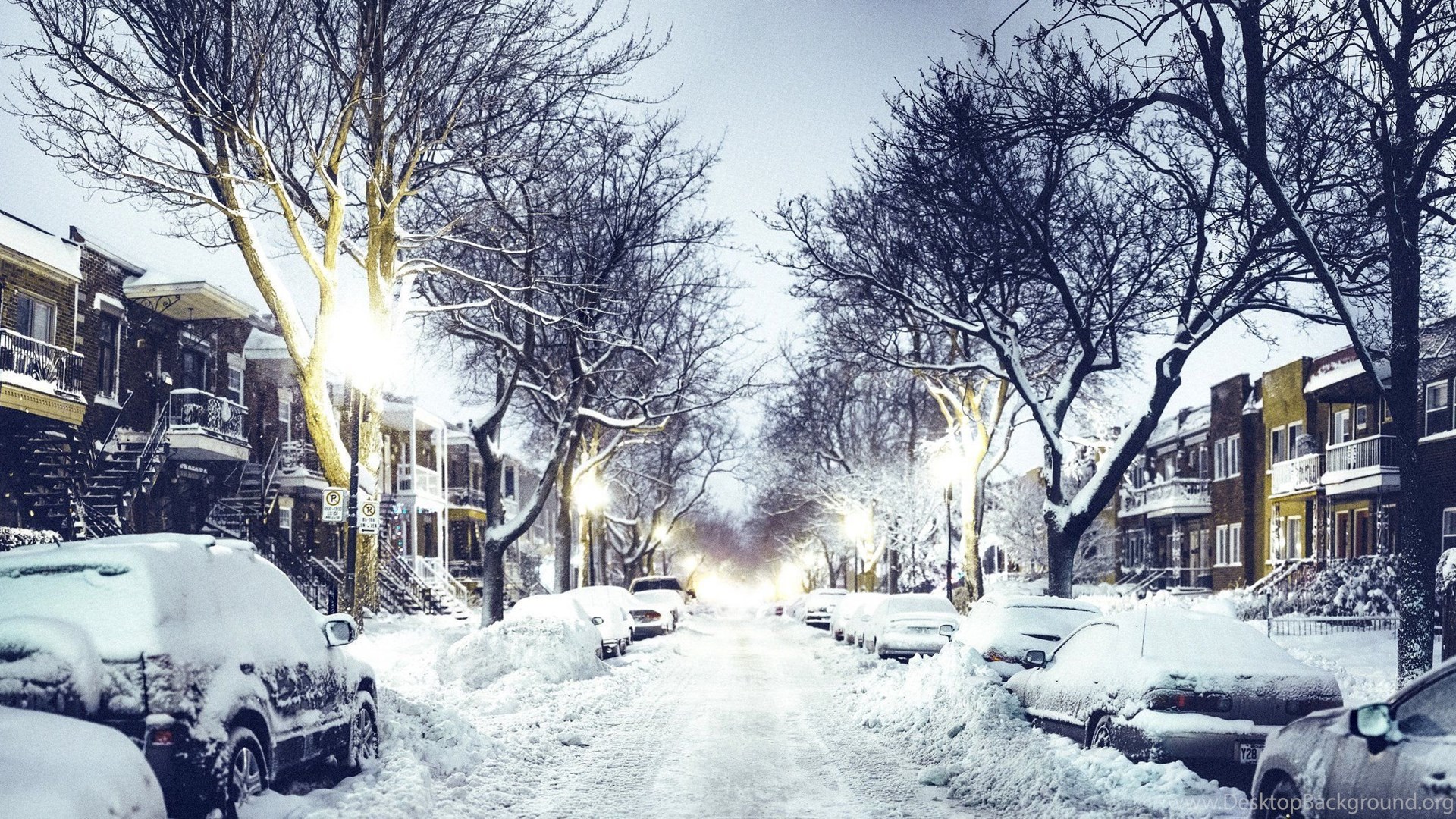 Street Night Road Cars Houses Lights Snow Winter City Wallpaper. Desktop Background