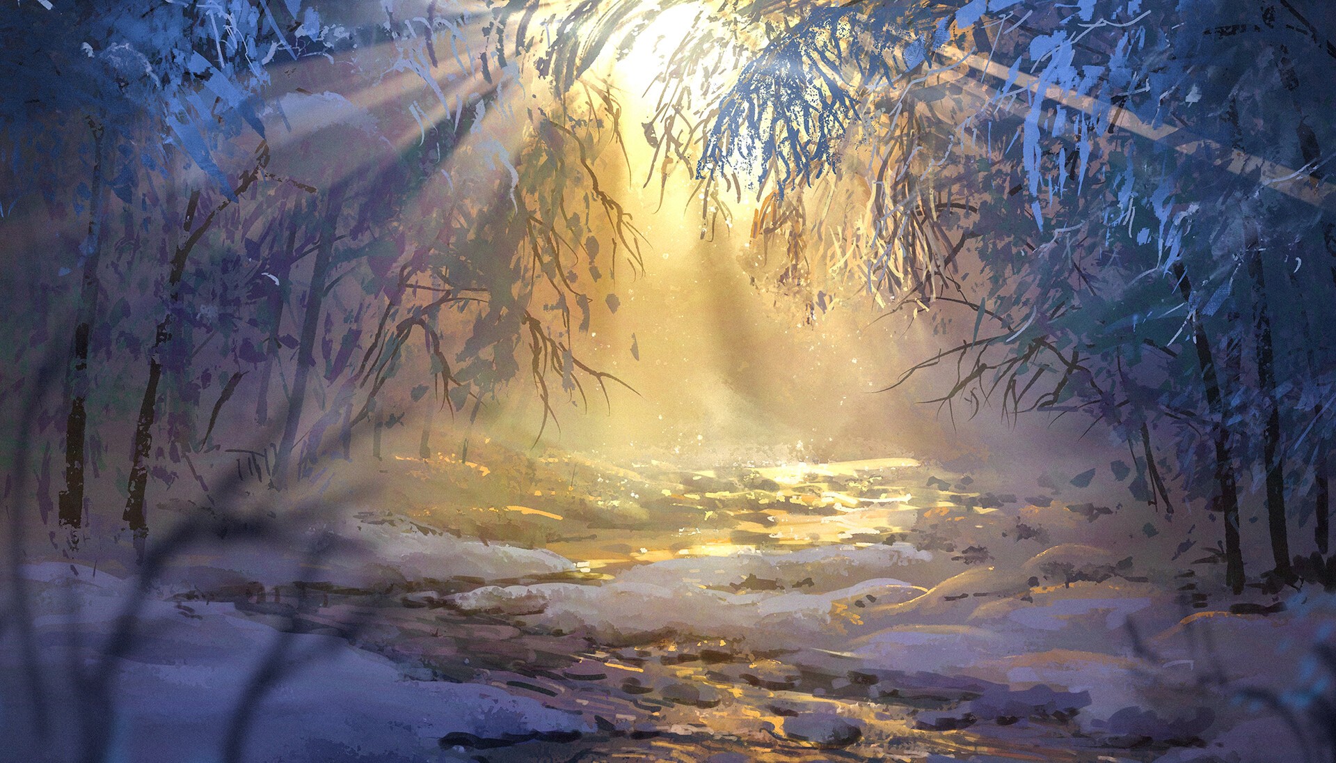 Wallpaper, anime, winter, forest, snow, sunrise, Surendra Rajawat 1920x1096