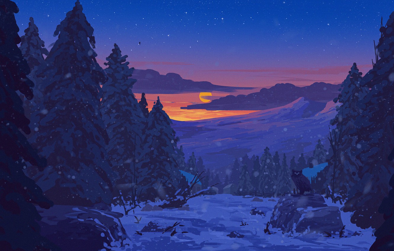Wallpaper forest, sky, trees, sunset, art, winter, clouds, snow, stars, sun, artist, digital art, artwork, owl, Gavryl image for desktop, section арт