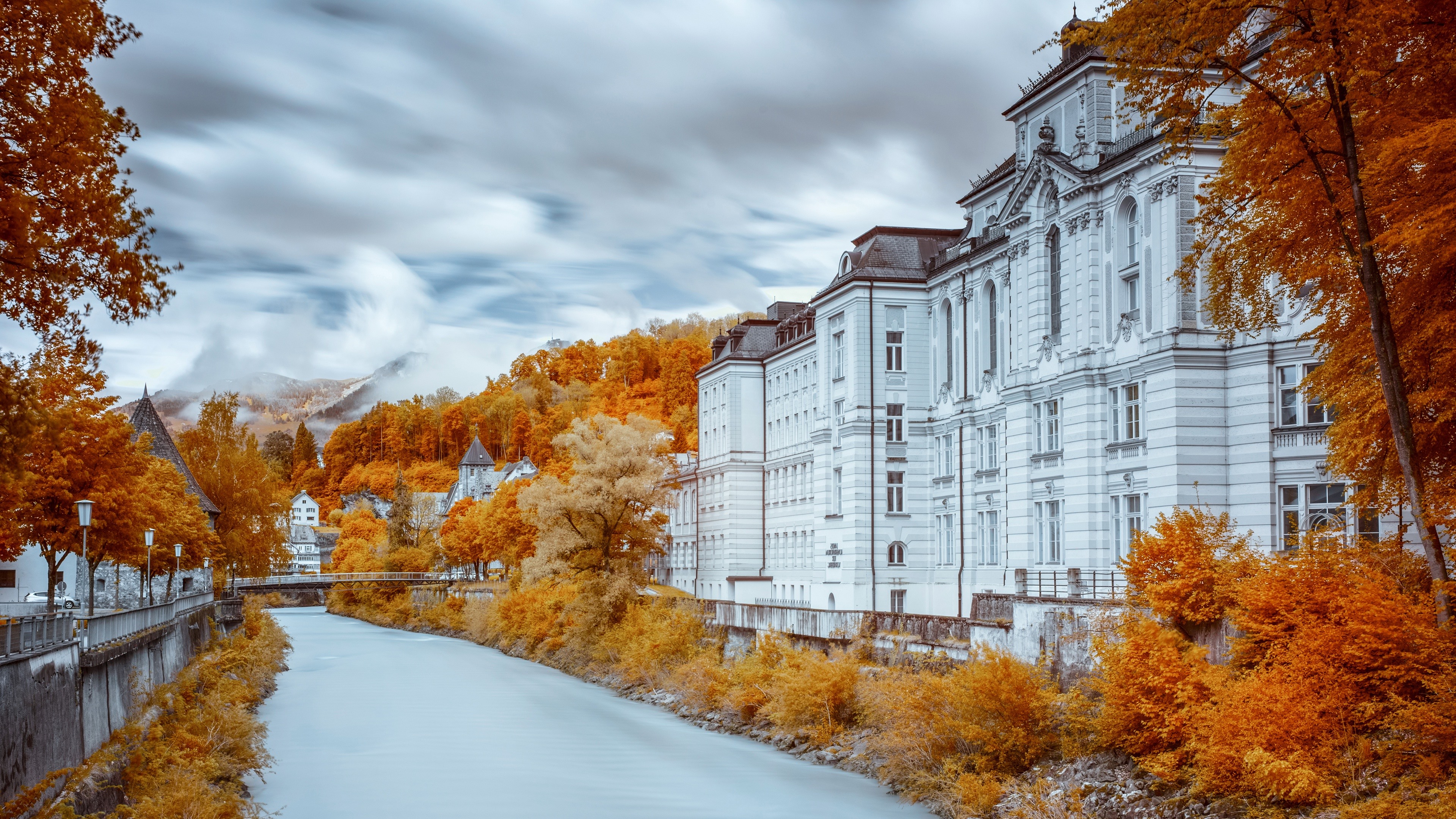 Wallpaper Beautiful autumn, golden, houses, river, bridge 3840x2160 UHD 4K Picture, Image