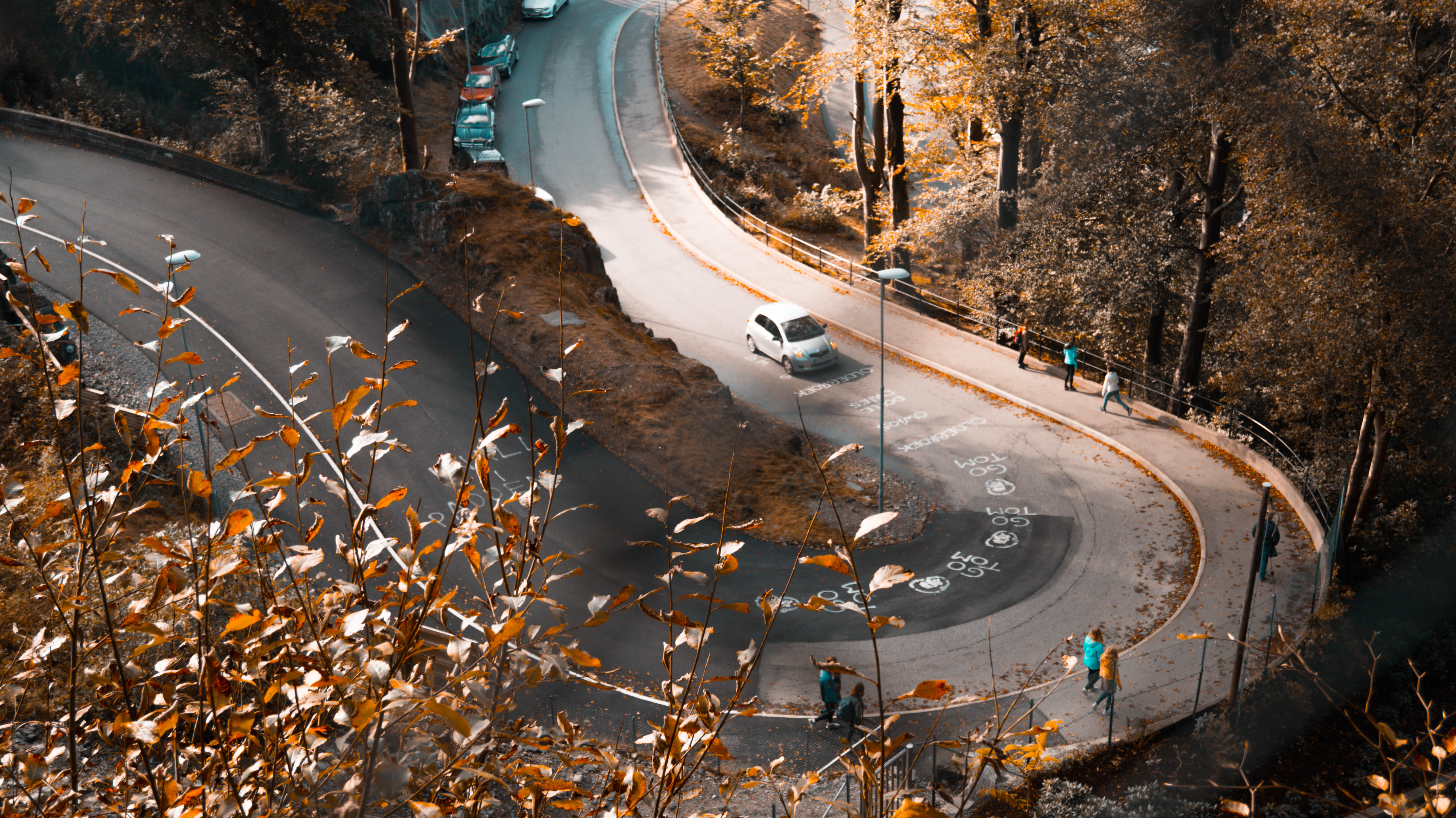 Autumn Road Orange Leaves Fallen Cars Peoples Walking 5k, HD Artist, 4k Wallpaper, Image, Background, Photo and Picture