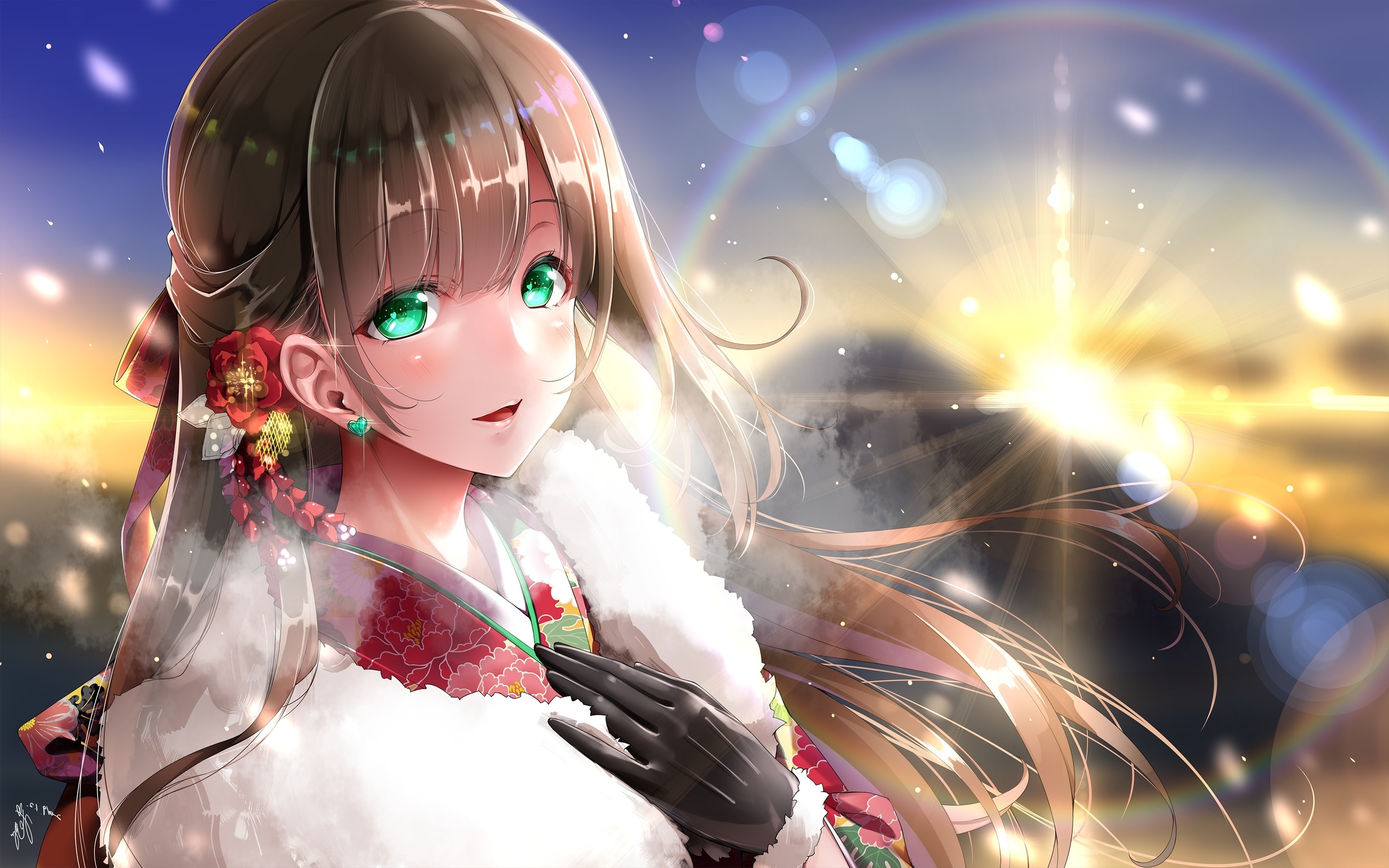 Wallpaper Jewelry, Sunrise, Winter, Pretty Anime Girl, Green Eyes, Cold, Gloves:3000x1875