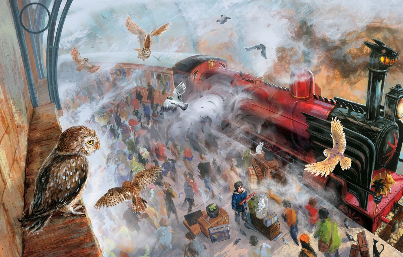 Wallpaper people, the crowd, station, train, cell, the platform, truck, Harry Potter, owls, illustration, wizards, suitcases, The Hogwarts Express, Jim Kay image for desktop, section фантастика