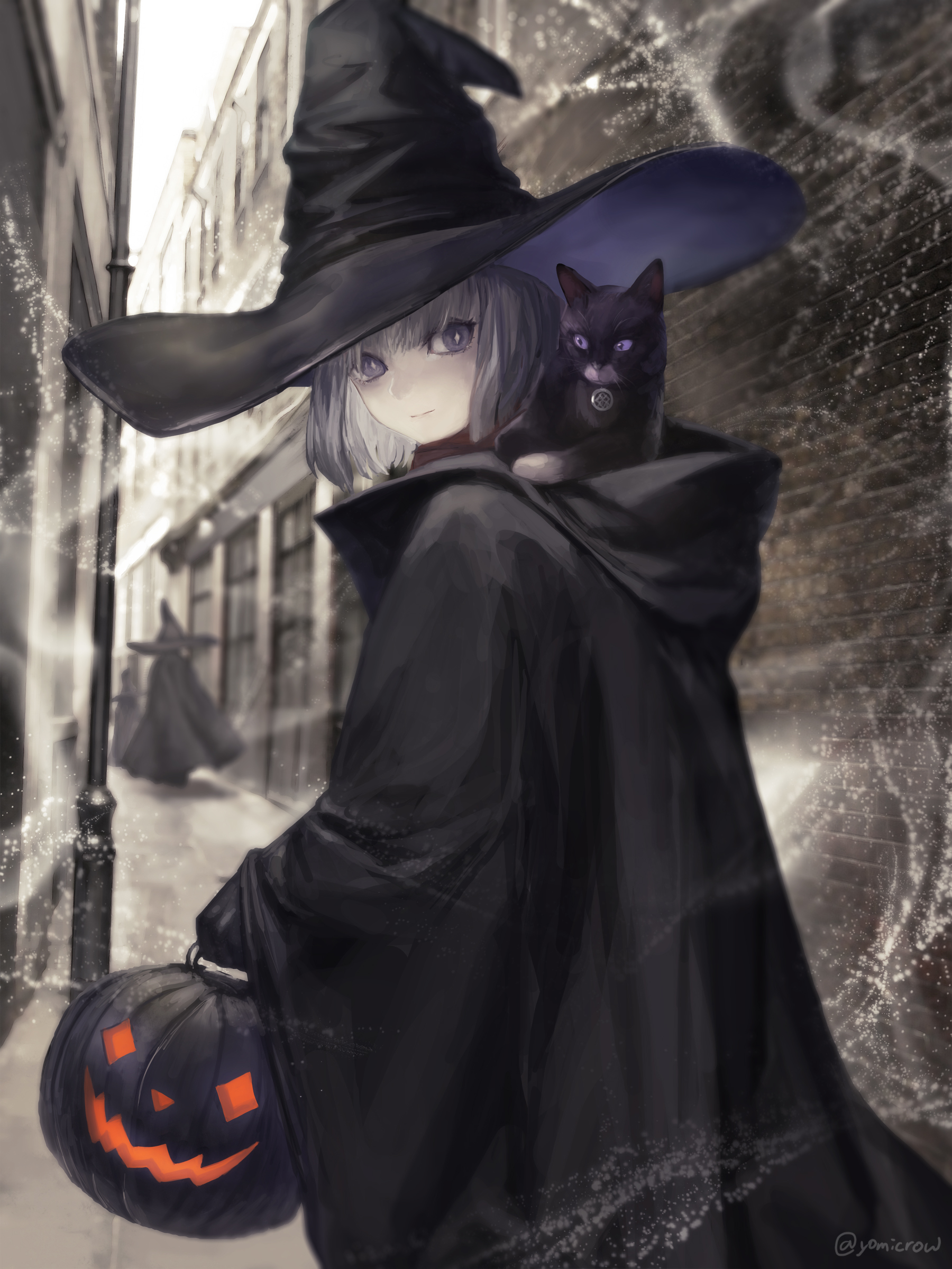 Wallpaper, anime girls, portrait display, Halloween, dark background, witch 1800x2400