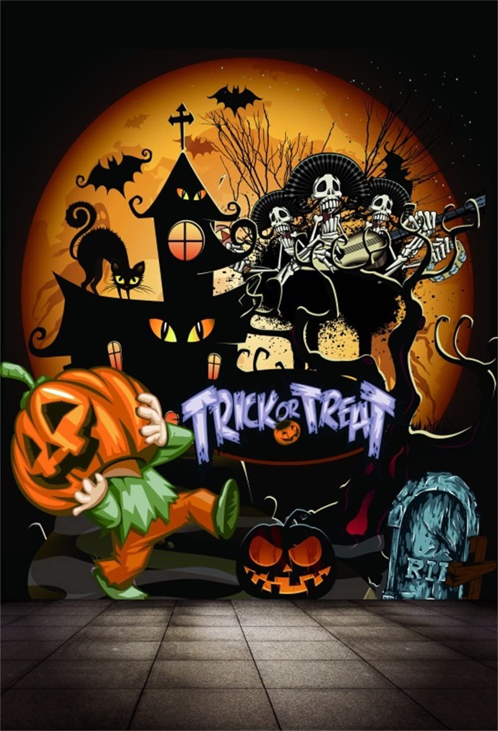 Laeacco Halloween Background 10x6.5ft Trick or Treat Photography Backdrop Wooden Table Smile Grimace Pumpkin Black Cat Witch Hat Spider Web Holiday Decor Baby Kid Hallowmas Portrait Shoot Poster Camera & Photo Accessories