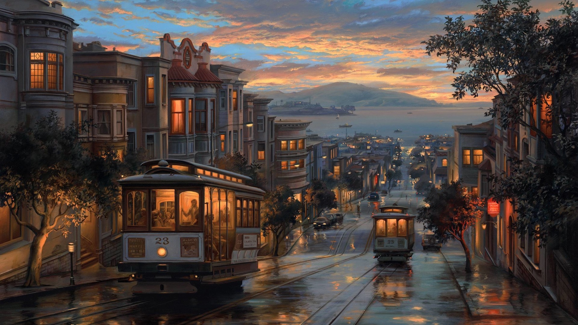 Wallpaper, painting, sunset, city, street, cityscape, night, vehicle, road, evening, morning, San Francisco, town, dusk, transport, metropolis, autumn, suburb, screenshot, urban area, waterway, human settlement, residential area 1920x1080