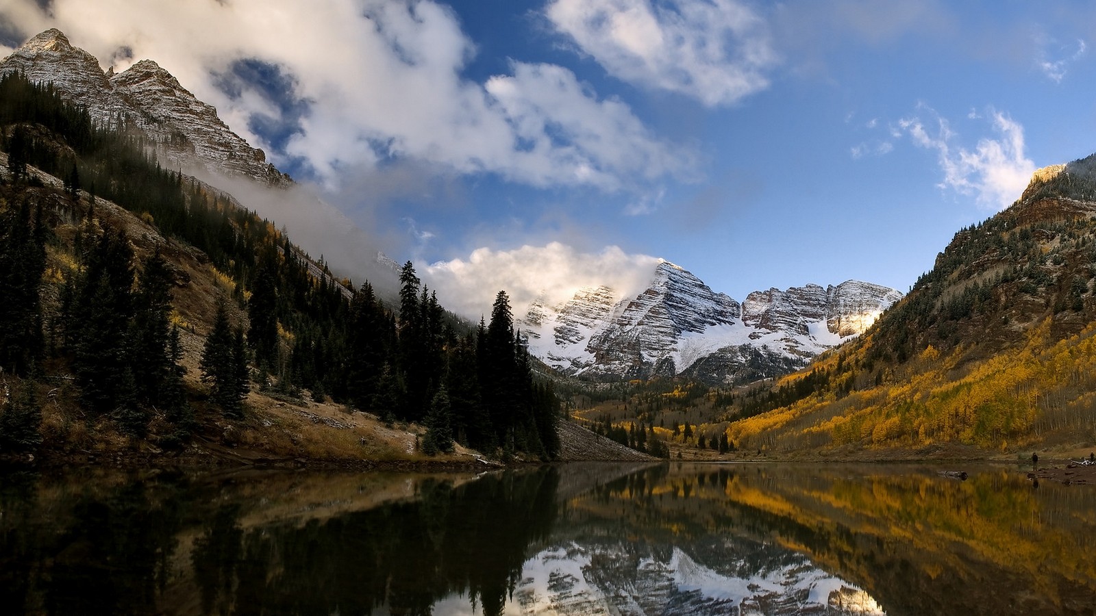 #landscape, #fall, #nature, #snowy peak, #mist, #morning, #mountains, #reflection, #lake, #water, #forest, #clouds, #Colorado wallpaper. Mocah HD Wallpaper
