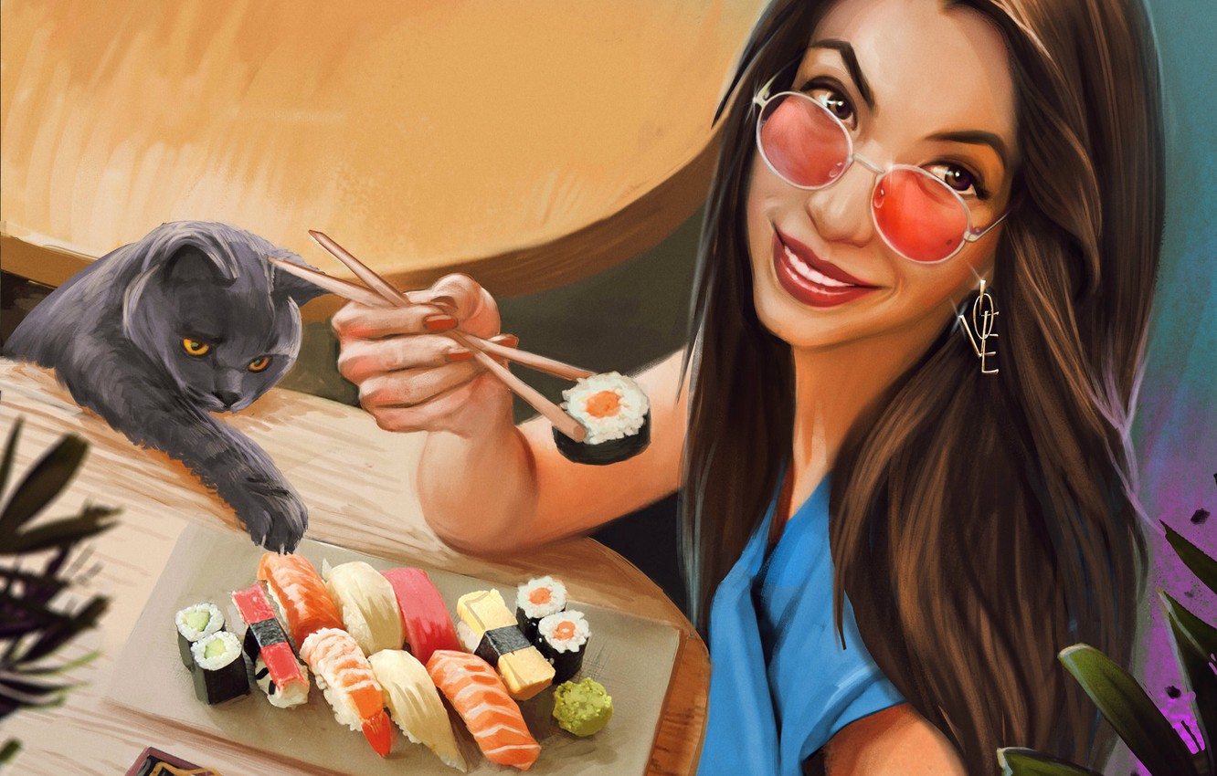 Wallpaper cat, look, girl, smile, glasses, sushi, Kaloyan Stoyanov image for desktop, section арт