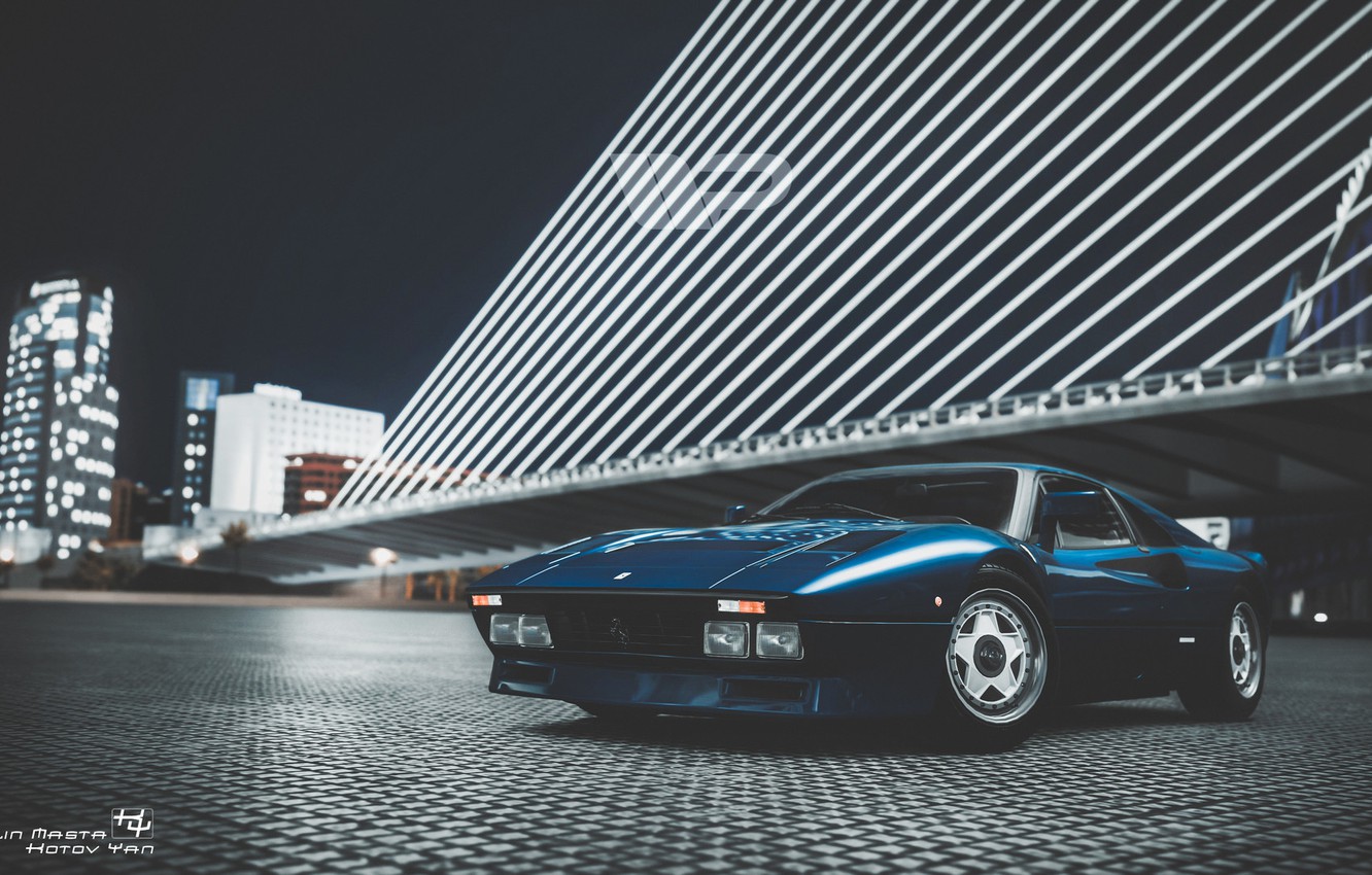 Wallpaper Auto, Night, Blue, The city, Machine, Ferrari, Supercar, The front, Sports car, Gran Turismo, Ferrari GTO, Ferrari 288 GTO, Transport & Vehicles, by Yan Kotov, Yan Kotov image for desktop, section