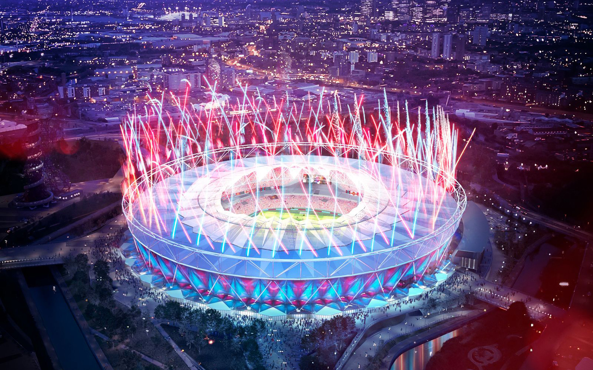 Download wallpaper London Stadium, aerial view, fireworks, night, english stadiums, West Ham United Stadium, football stadium, London, England, United Kingdom, West Ham United FC, London Olympic Stadium for desktop with resolution 1920x1200