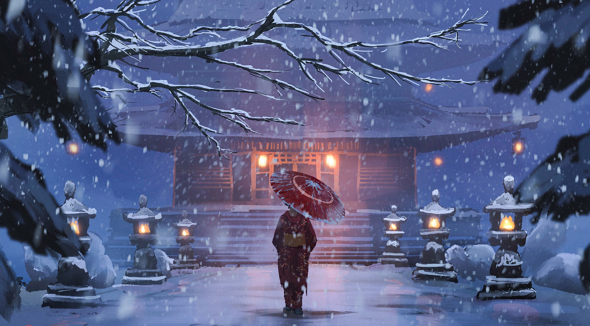Anime Anime Girls Umbrella Kimono Winter Snow Surendra Rajawat Wallpaper:2048x1133