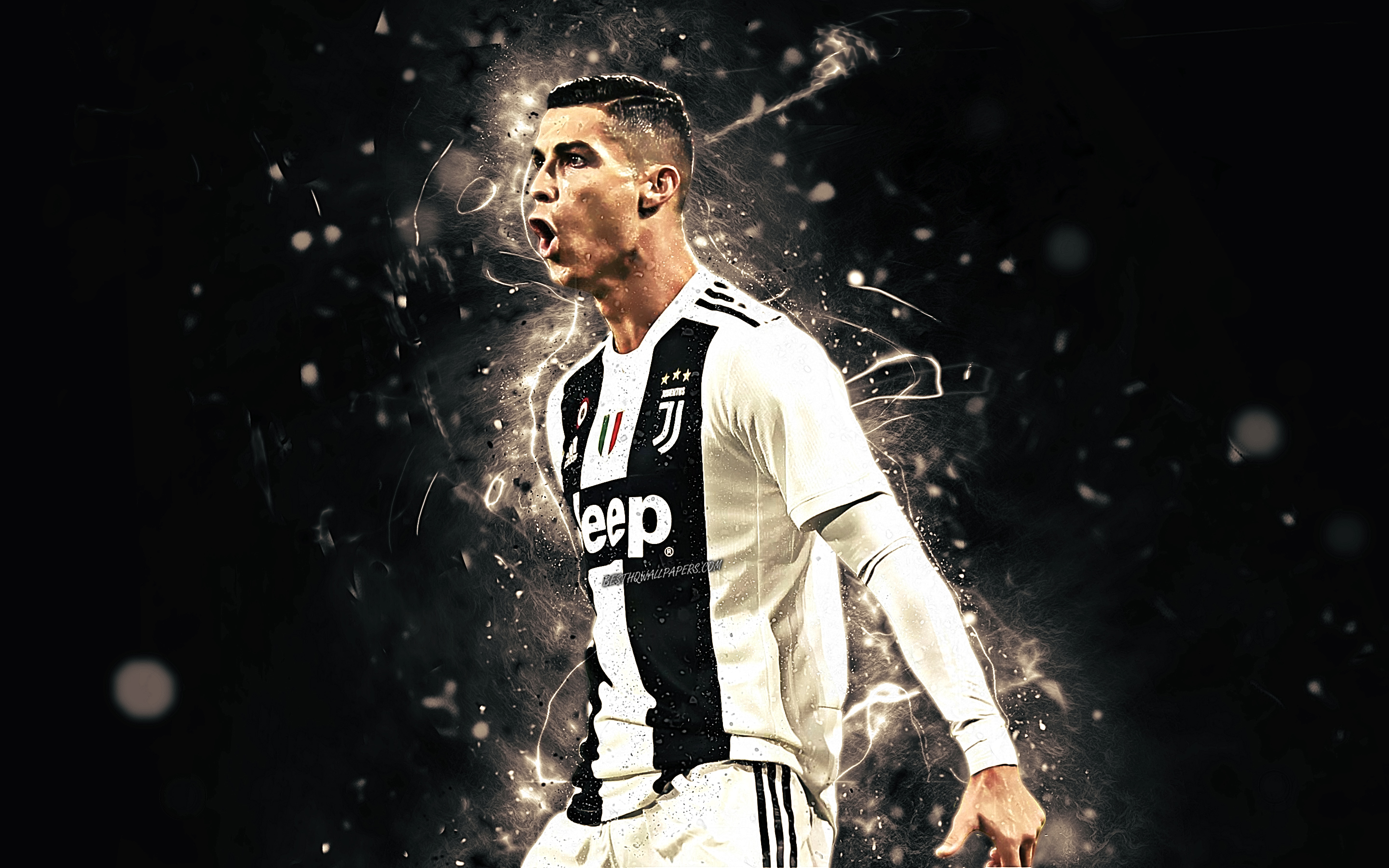Download wallpaper Ronaldo, personal celebration, CR7 Juve, goal, Bianconeri, portuguese footballers, striker, Juventus FC, abstract art, soccer, Serie A, Cristiano Ronaldo, neon lights, CR7 for desktop with resolution 2880x1800. High Quality HD