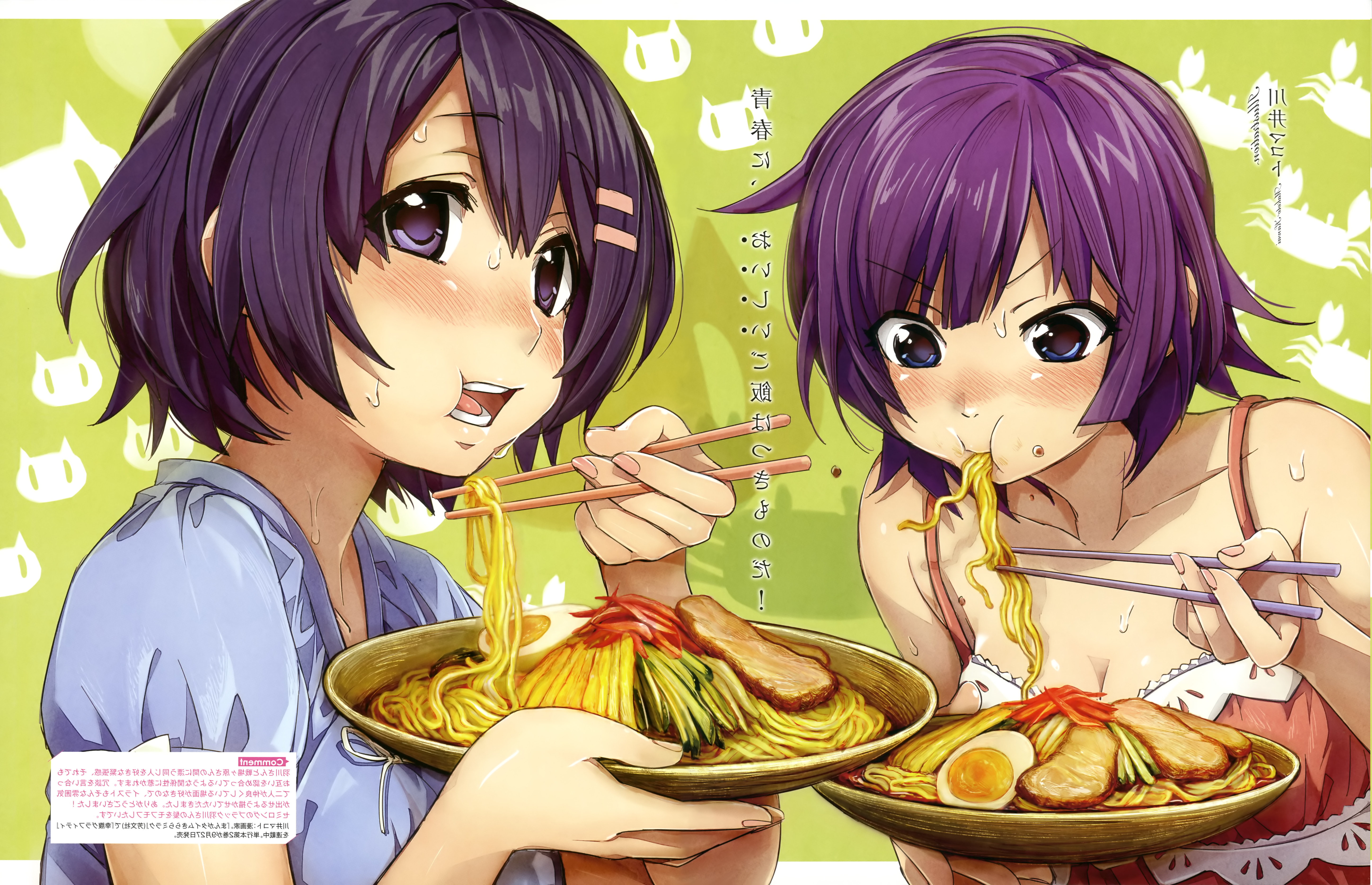 Monogatari Series, Senjougahara Hitagi, Hanekawa Tsubasa, Eating, Noodles, Anime Girls, Anime Wallpaper HD / Desktop and Mobile Background