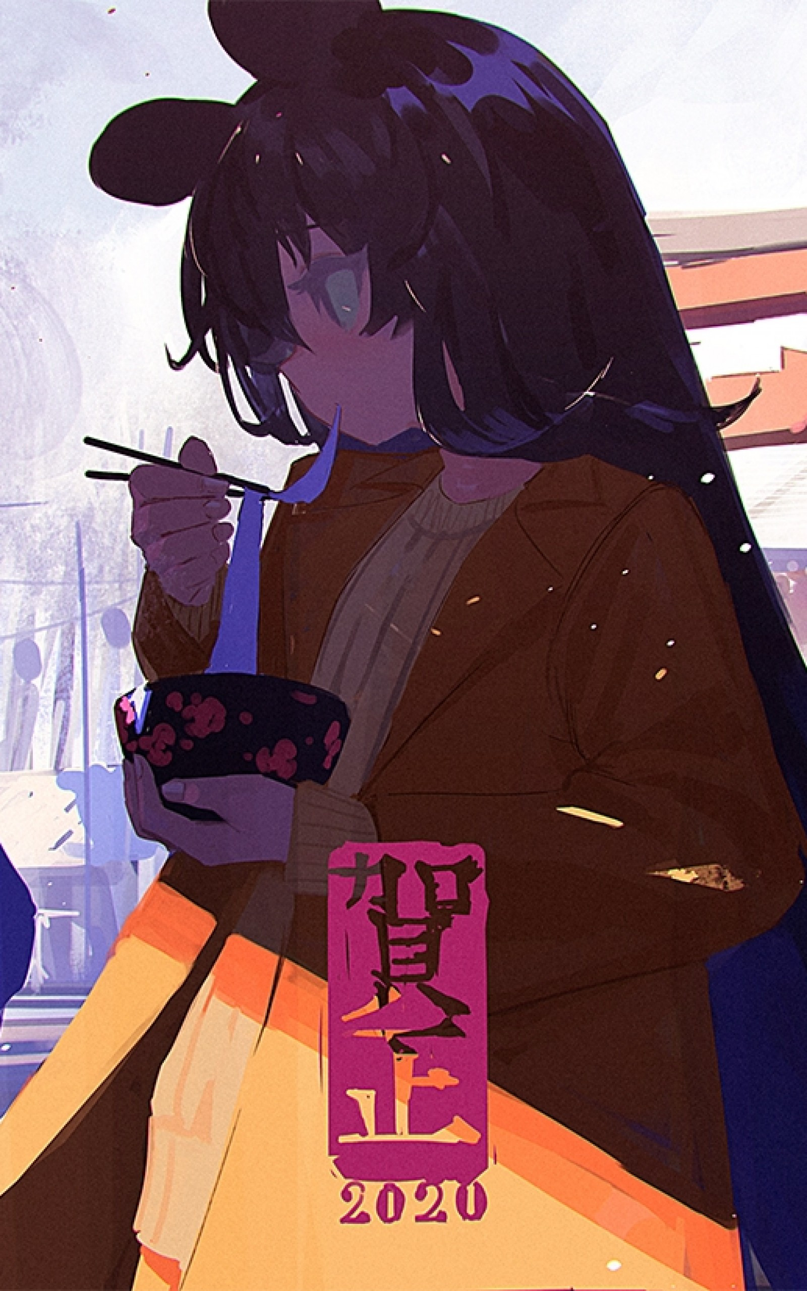 Download 1600x2560 Anime Girls, Shrine, Torii, Noodle, Cup, Eating Wallpaper for Google Nexus 10