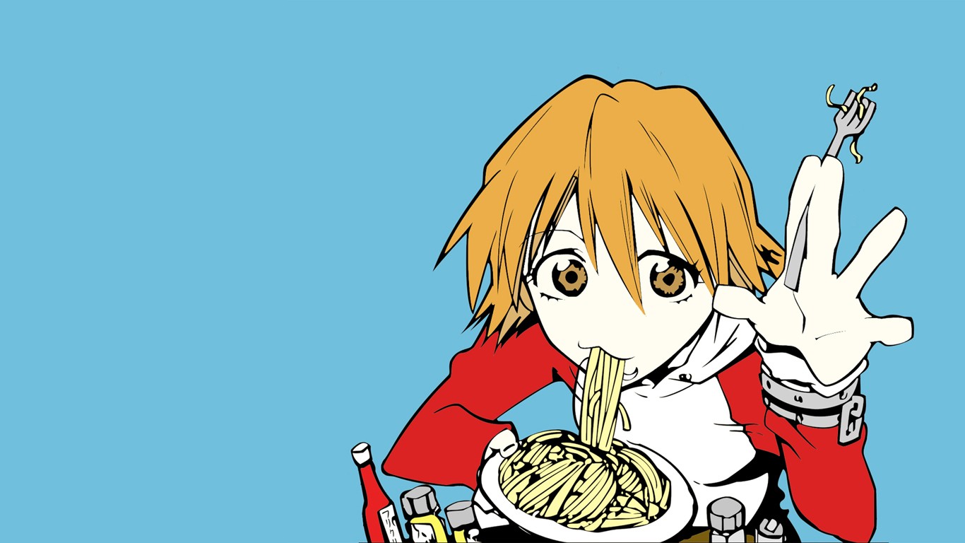 Wallpaper, illustration, simple background, anime, cartoon, noodles, FLCL, Haruhara Haruko, mangaka 1366x768