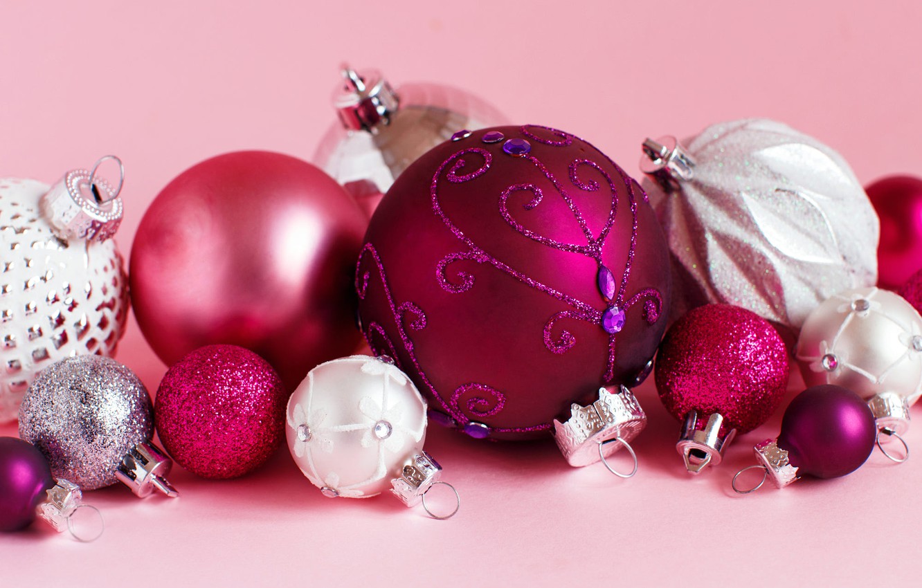 Wallpaper winter, balls, holiday, balls, toys, Christmas, small, New year, pink, white, ornament, large, pink background, a lot, different, lilac image for desktop, section новый год