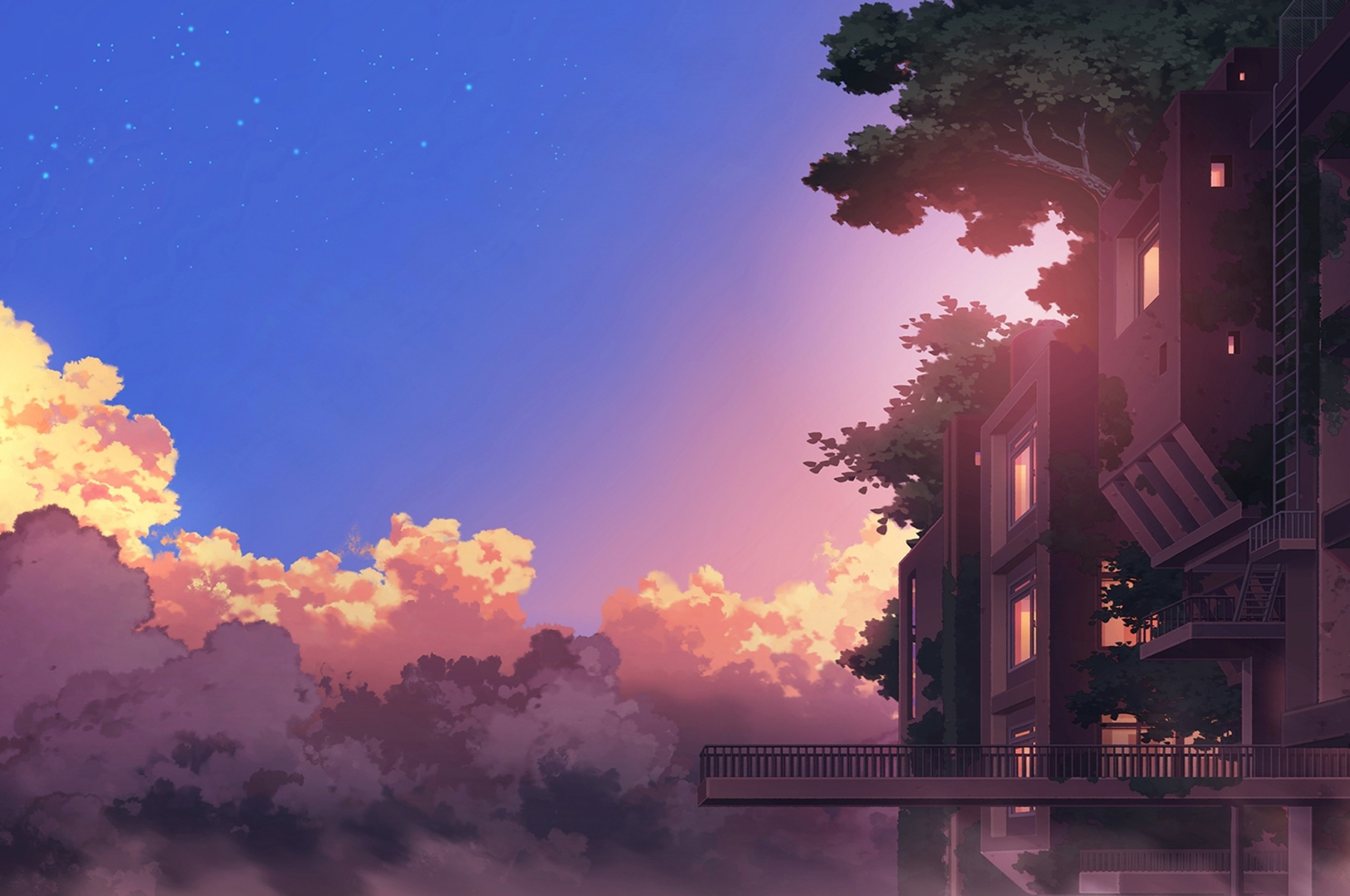 Download 2560x1700 Anime Landscape, Building, Sunset, Clouds, Scenic Wallpaper for Chromebook Pixel