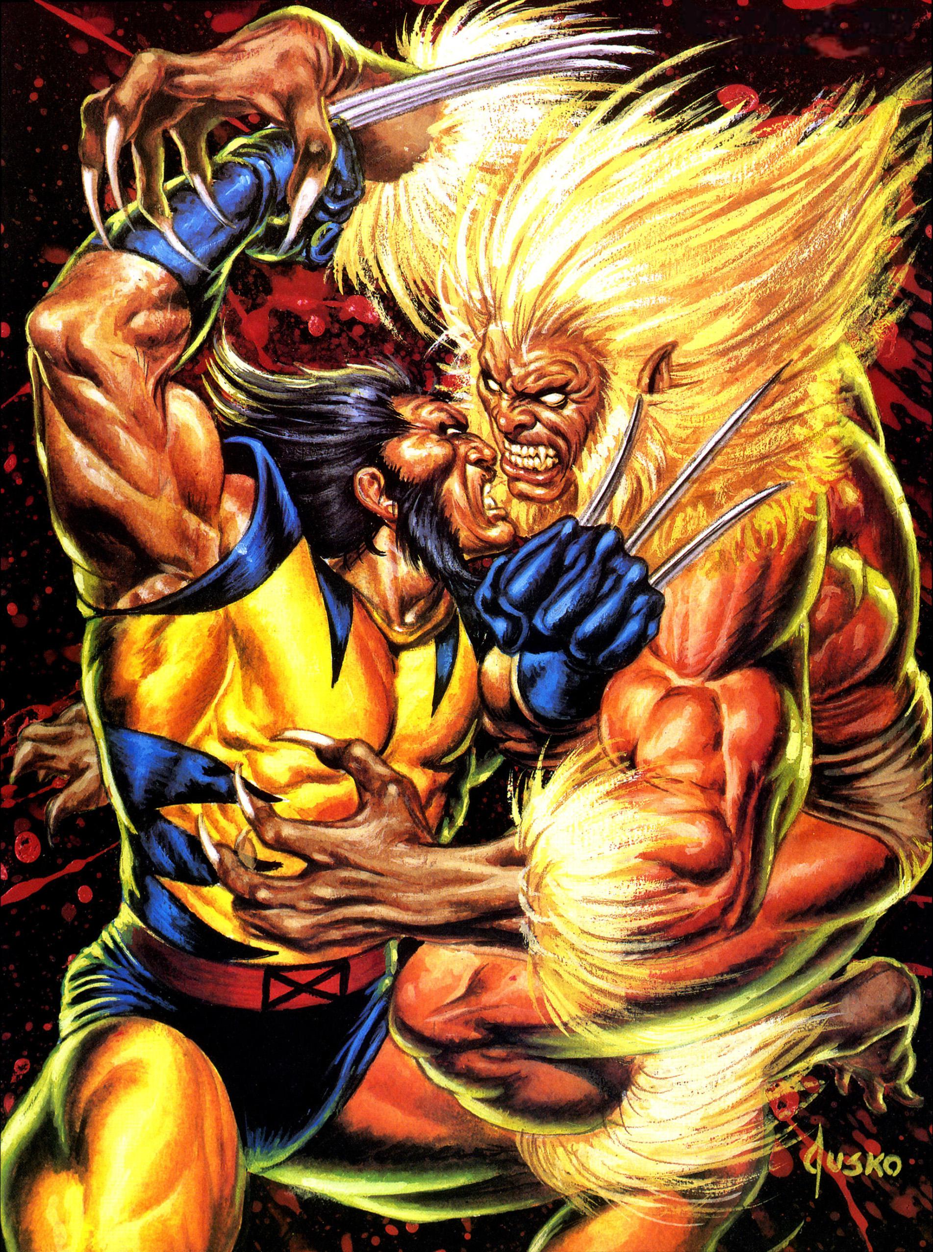 Wolverine vs Sabretooth card art by Joe Jusko (1992): Wolverine