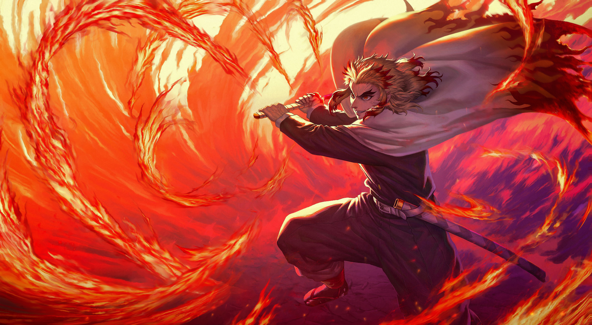 Demon Kyojuro Rengoku Wallpaper 4K Rengoku Katana Sword Flame Pillar Demon Slayer HD 4k Wallpaper 8 2046 rengoku • flame hashira • akaza • upper moon three