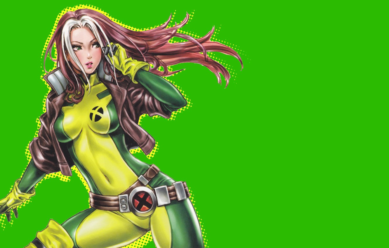 Wallpaper look, hair, art, jacket, costume, belt, green background, Rogue, Marvel Comics, rascal image for desktop, section фантастика