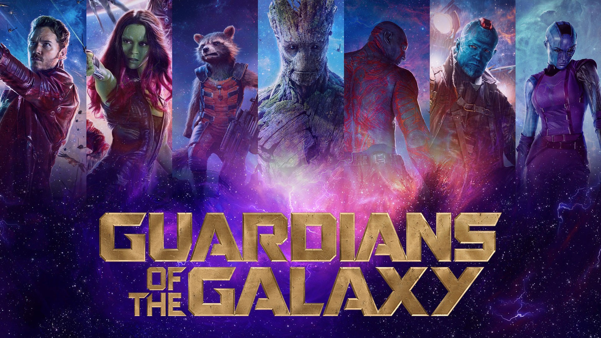 Wallpaper, nebula, Gamora, Guardians of the Galaxy, The Groot, Rocket Raccoon, Star Lord, Drax the Destroyer, Marvel Cinematic Universe, poster, Yondu Udonta, musical theatre, album cover 1920x1080