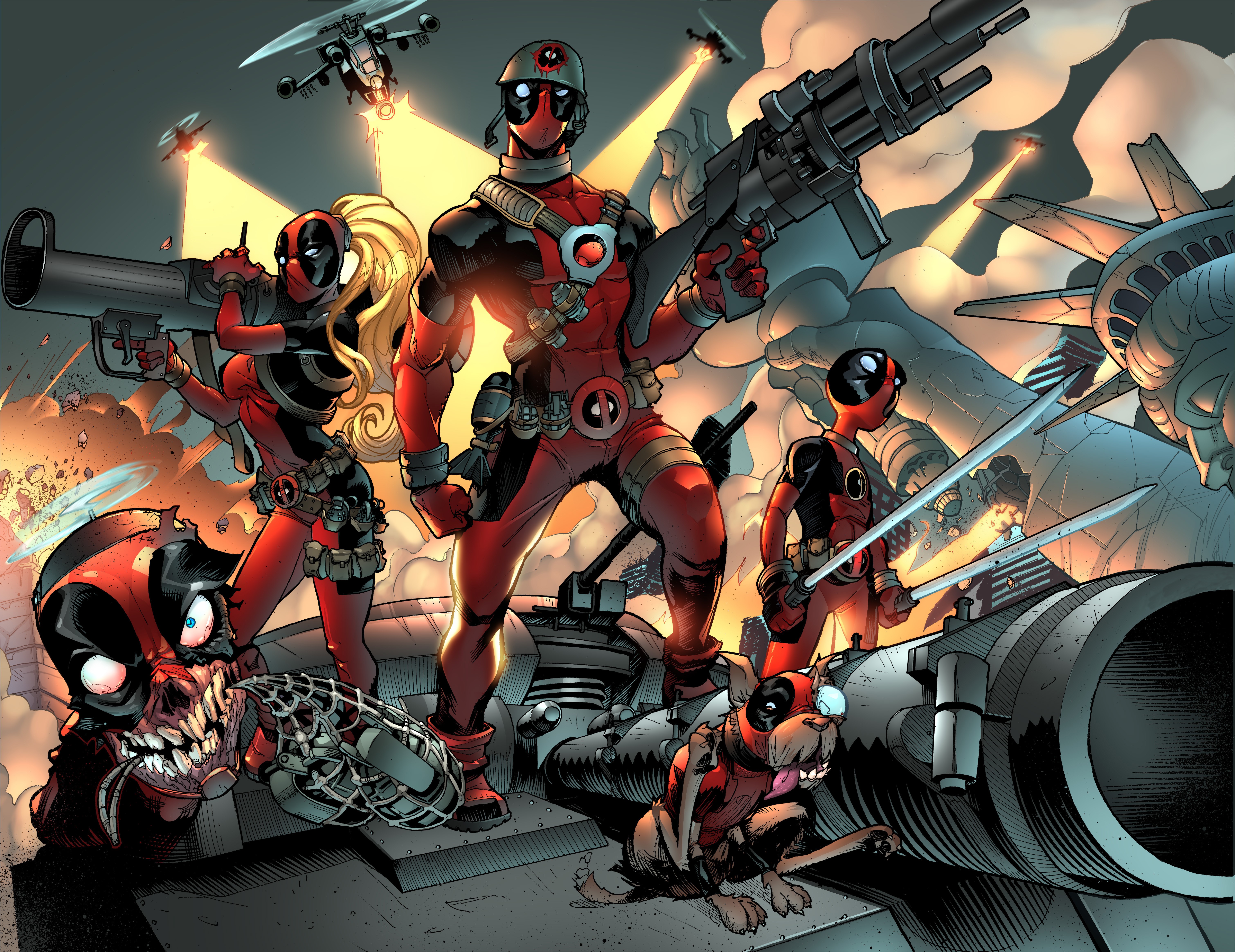 Wallpaper, Marvel Comics, machine, comics, Deadpool Corps, Deadpool Family, Kidpool, Headpool, Dogpool, Lady Deadpool, screenshot, mecha, pc game, comic book 6038x4654