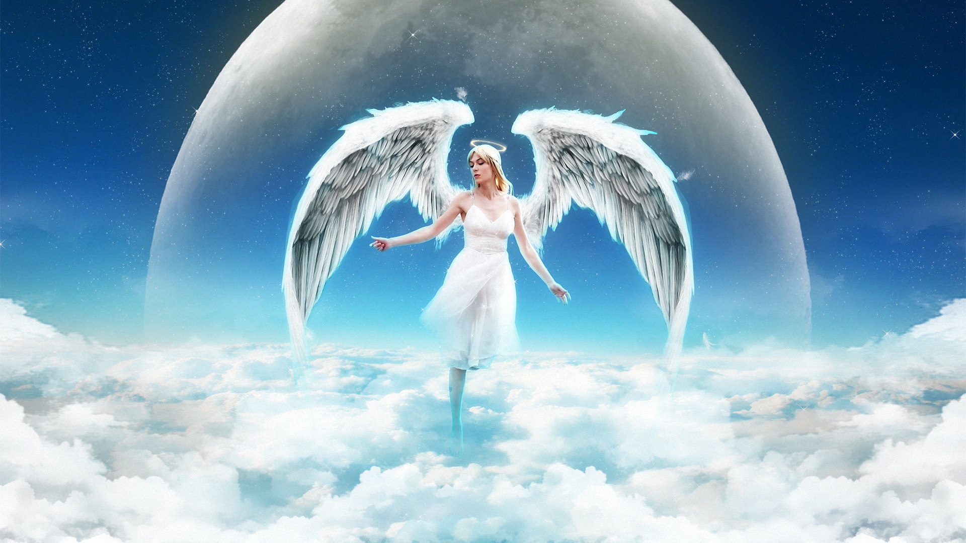Wallpaper Angel girl on the sky, clouds 1920x1080 Full HD 2K Picture, Image